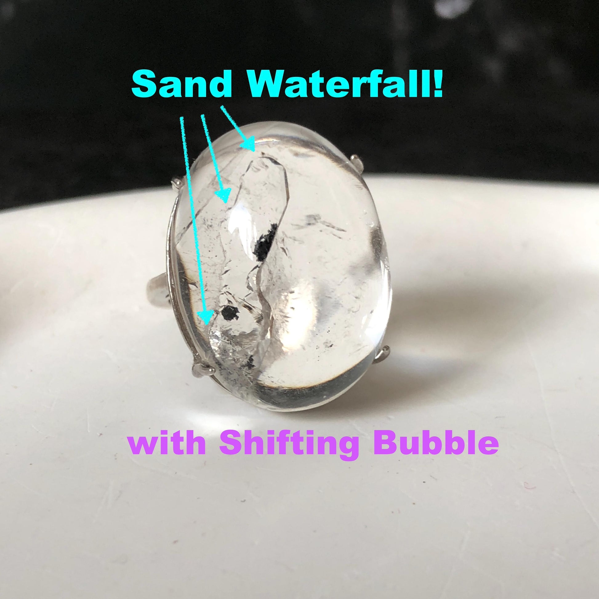 Enhydro Quartz (Herkimer Diamond) S925 Silver Adjustable Ring: Moving Sand Waterfall and Shifting Bubble Inclusion Polished Crystal Statement Ring for Women ring band ring cocktail ring crystal stackable ring 7 chakra crystal ring meditation crystal healing stone birthstone silver ring ring for men rainbow quartz inclusion quartz inclusion crystal minerals specimen silver ring free size ring adjustable ring holder rain quartz enhydro crystal inclusion crystal inclusion quartz