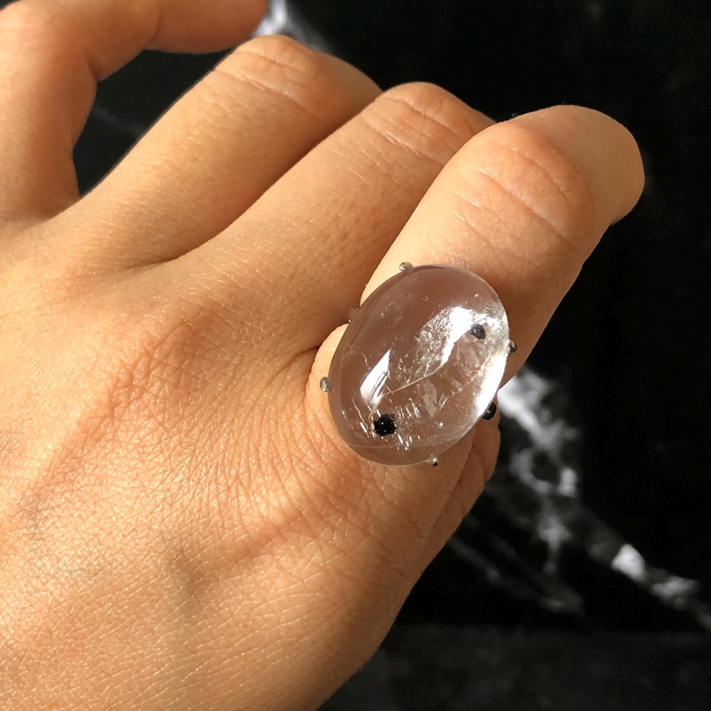 Enhydro Quartz (Herkimer Diamond) S925 Silver Adjustable Ring: Moving Sand Waterfall and Shifting Bubble Inclusion Polished Crystal Statement Ring for Women ring band ring cocktail ring crystal stackable ring 7 chakra crystal ring meditation crystal healing stone birthstone silver ring ring for men rainbow quartz inclusion quartz inclusion crystal minerals specimen silver ring free size ring adjustable ring holder rain quartz enhydro crystal inclusion crystal inclusion quartz