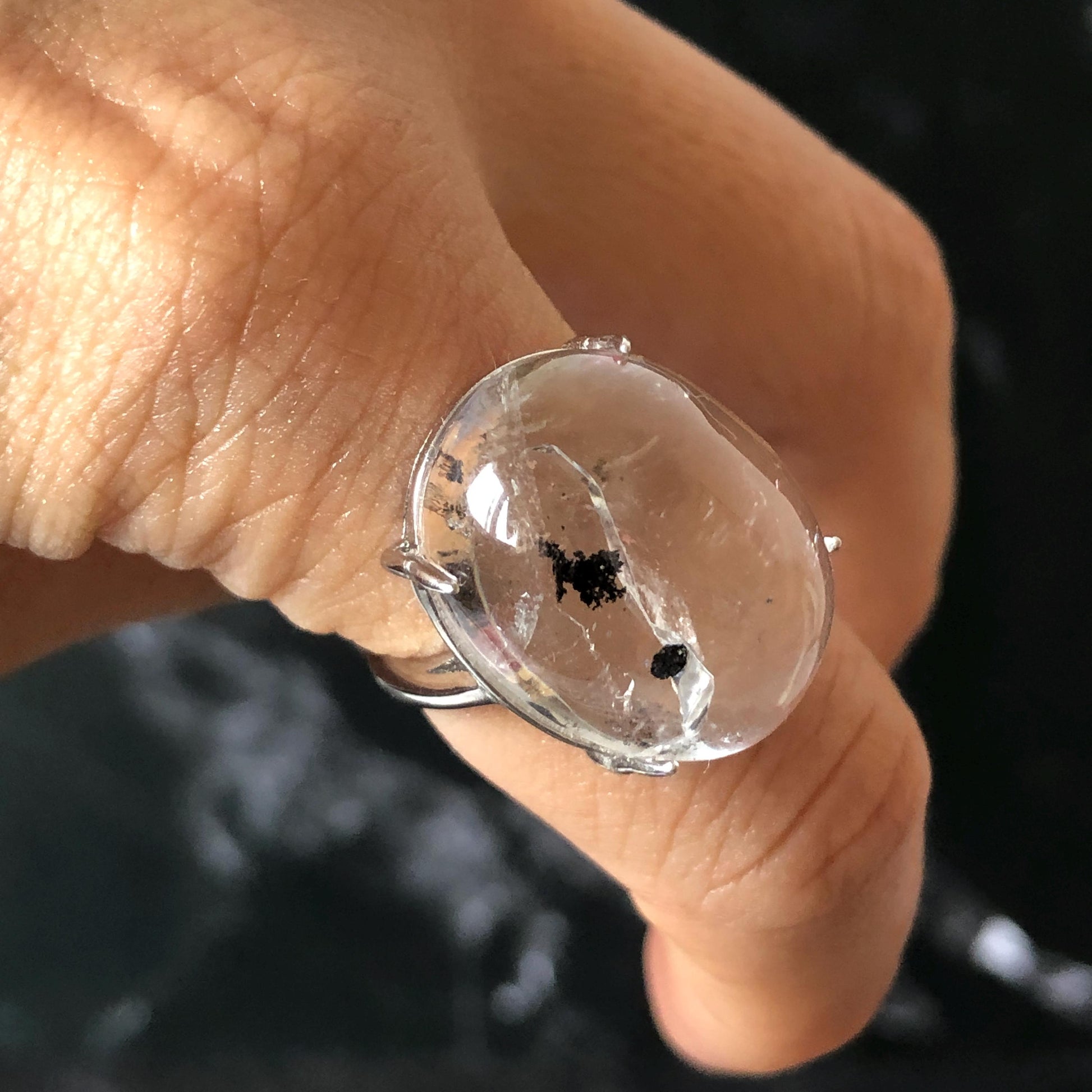 Enhydro Quartz (Herkimer Diamond) S925 Silver Adjustable Ring: Moving Sand Waterfall and Shifting Bubble Inclusion Polished Crystal Statement Ring for Women ring band ring cocktail ring crystal stackable ring 7 chakra crystal ring meditation crystal healing stone birthstone silver ring ring for men rainbow quartz inclusion quartz inclusion crystal minerals specimen silver ring free size ring adjustable ring holder rain quartz enhydro crystal inclusion crystal inclusion quartz