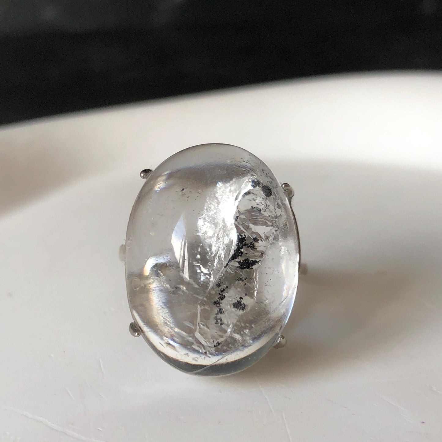 Enhydro Quartz (Herkimer Diamond) S925 Silver Adjustable Ring: Moving Sand Waterfall and Shifting Bubble Inclusion Polished Crystal Statement Ring for Women ring band ring cocktail ring crystal stackable ring 7 chakra crystal ring meditation crystal healing stone birthstone silver ring ring for men rainbow quartz inclusion quartz inclusion crystal minerals specimen silver ring free size ring adjustable ring holder rain quartz enhydro crystal inclusion crystal inclusion quartz