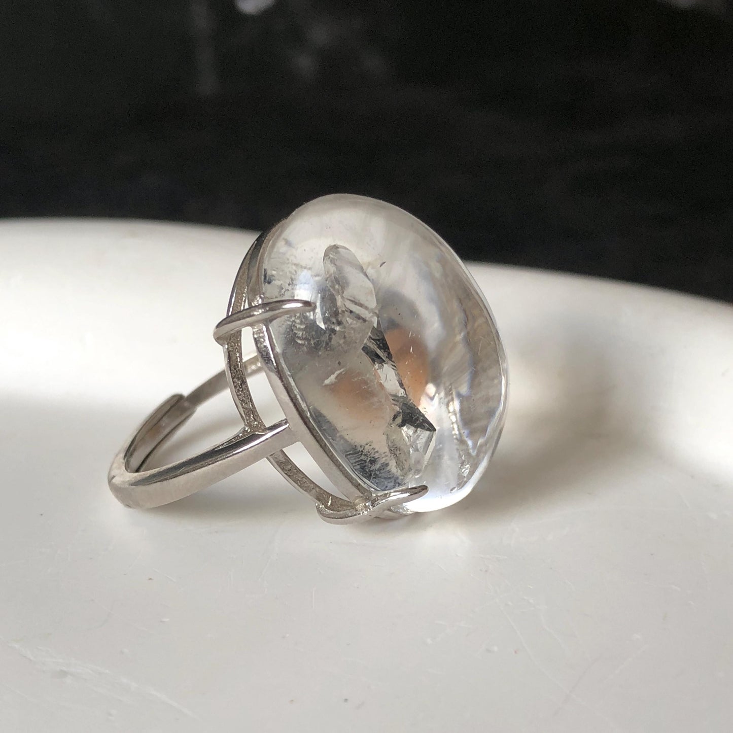 Enhydro Quartz (Herkimer Diamond) S925 Silver Adjustable Ring: Moving Sand Waterfall and Shifting Bubble Inclusion Polished Crystal Statement Ring for Women ring band ring cocktail ring crystal stackable ring 7 chakra crystal ring meditation crystal healing stone birthstone silver ring ring for men rainbow quartz inclusion quartz inclusion crystal minerals specimen silver ring free size ring adjustable ring holder rain quartz enhydro crystal inclusion crystal inclusion quartz