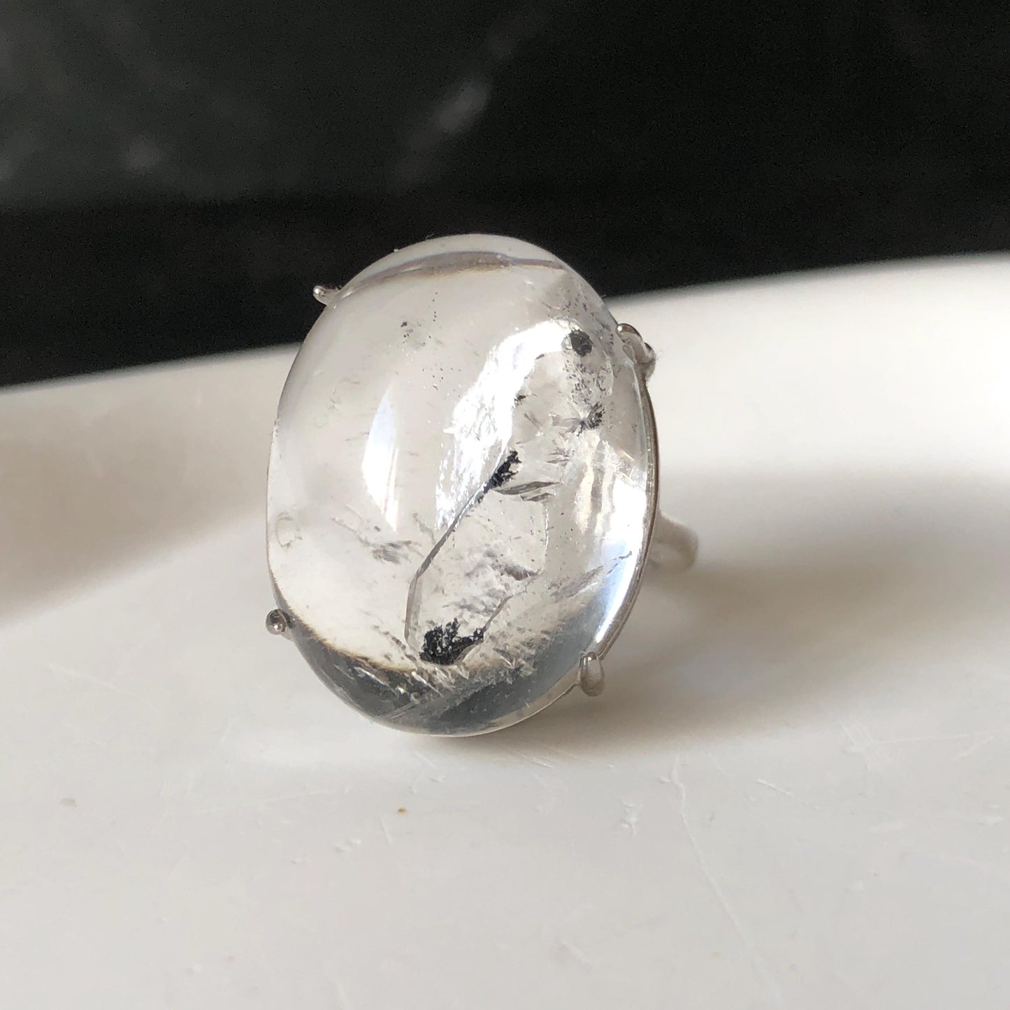 Enhydro Quartz (Herkimer Diamond) S925 Silver Adjustable Ring: Moving Sand Waterfall and Shifting Bubble Inclusion Polished Crystal Statement Ring for Women ring band ring cocktail ring crystal stackable ring 7 chakra crystal ring meditation crystal healing stone birthstone silver ring ring for men rainbow quartz inclusion quartz inclusion crystal minerals specimen silver ring free size ring adjustable ring holder rain quartz enhydro crystal inclusion crystal inclusion quartz