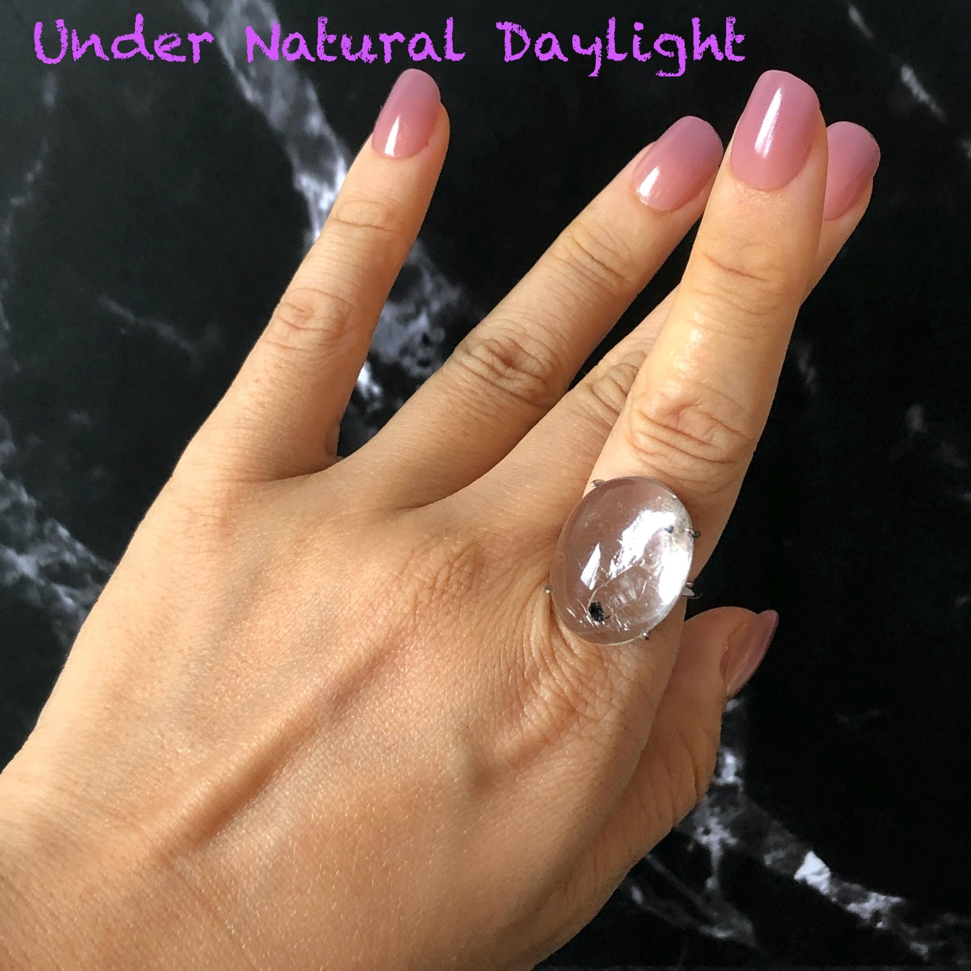 Enhydro Quartz (Herkimer Diamond) Silver Adjustable Ring: Moving Sand Waterfall & Shifting Bubble Inclusion Polished Crystal Statement Ring