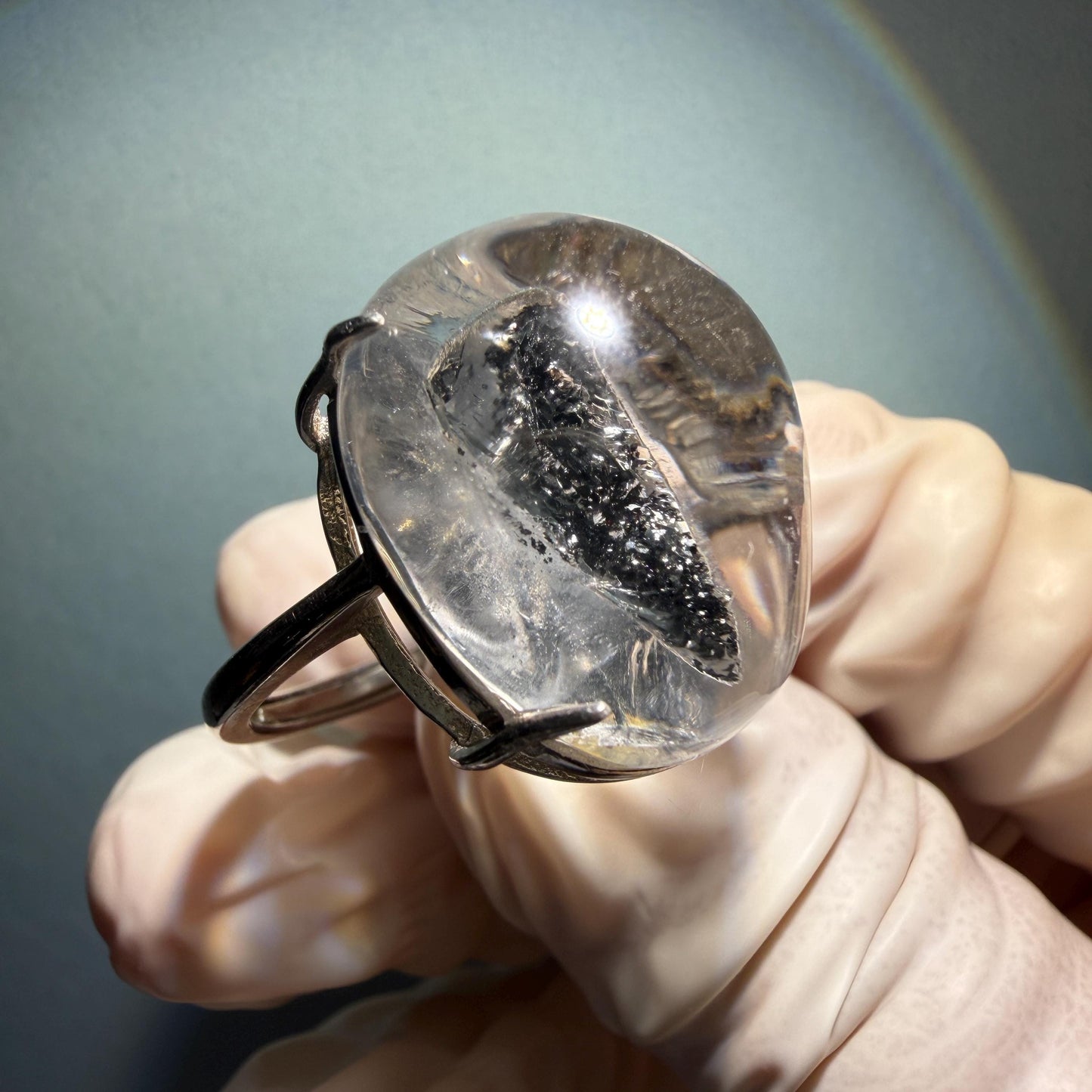 Polished Enhydro Quartz (Herkimer Diamond) S925 Silver Adjustable Ring: Moving Black Mica Sand and Bubble Inclusion in Triangle Chamber | Crystal Statement Ring for Women ring crystal band ring crystal cocktail ring crystal stackable ring 7 chakra crystal ring meditation crystal healing stone birthstone silver ring ring for men rainbow quartz inclusion quartz inclusion crystal minerals specimen silver ring free size ring adjustable ring holder rain quartz quick sand inclusion water inclusion