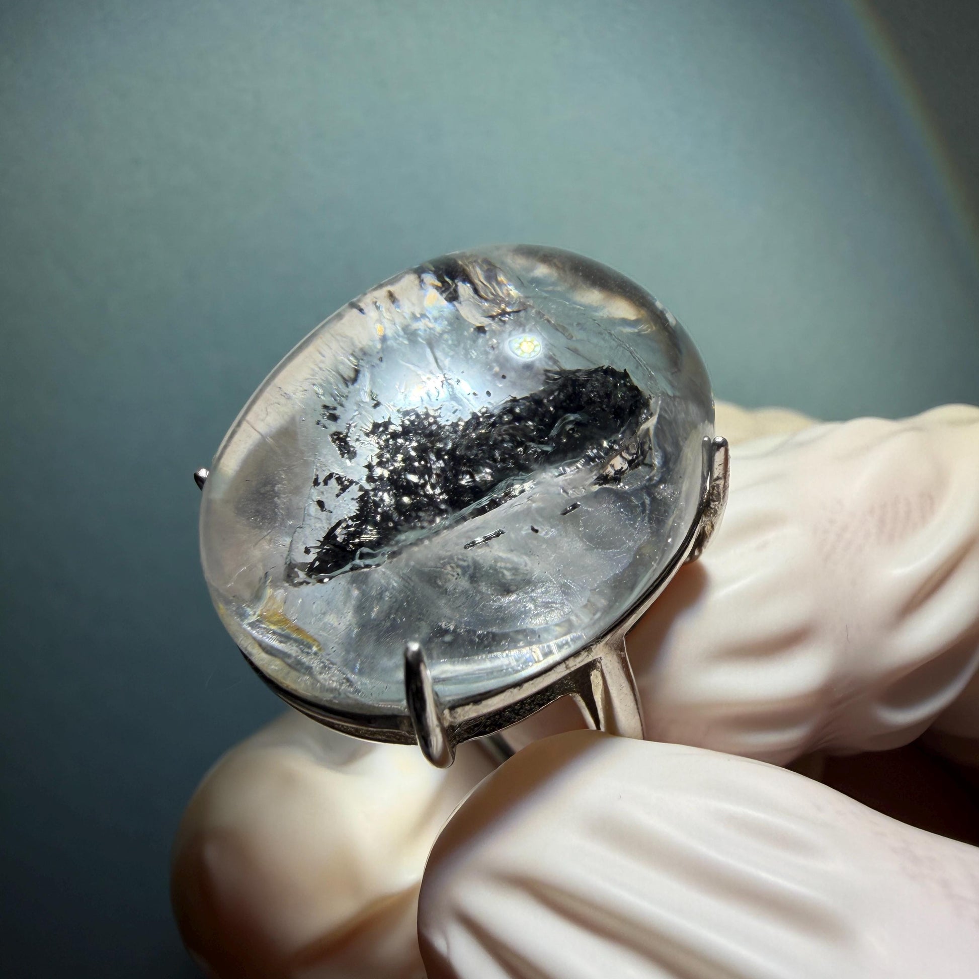 Polished Enhydro Quartz (Herkimer Diamond) S925 Silver Adjustable Ring: Moving Black Mica Sand and Bubble Inclusion in Triangle Chamber | Crystal Statement Ring for Women ring crystal band ring crystal cocktail ring crystal stackable ring 7 chakra crystal ring meditation crystal healing stone birthstone silver ring ring for men rainbow quartz inclusion quartz inclusion crystal minerals specimen silver ring free size ring adjustable ring holder rain quartz quick sand inclusion water inclusion