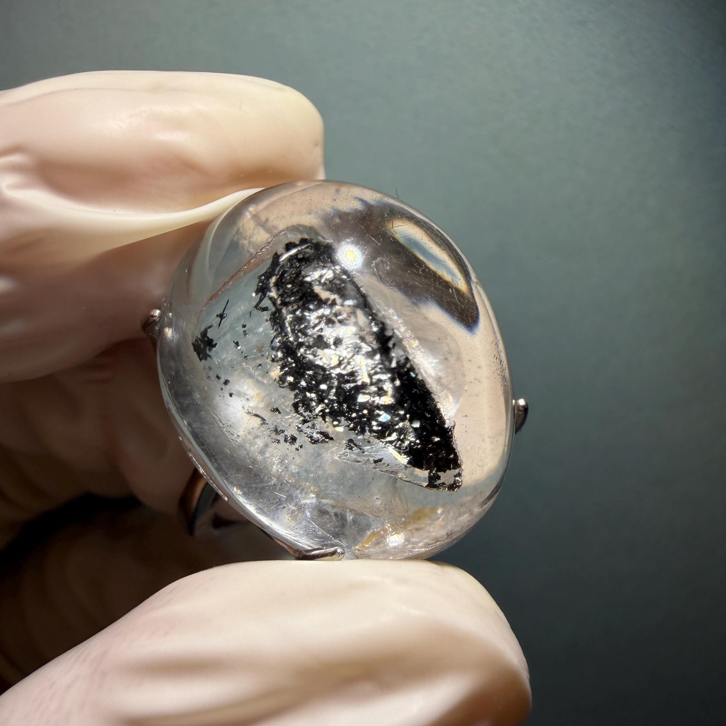 Polished Enhydro Quartz (Herkimer Diamond) S925 Silver Adjustable Ring: Moving Black Mica Sand and Bubble Inclusion in Triangle Chamber | Crystal Statement Ring for Women ring crystal band ring crystal cocktail ring crystal stackable ring 7 chakra crystal ring meditation crystal healing stone birthstone silver ring ring for men rainbow quartz inclusion quartz inclusion crystal minerals specimen silver ring free size ring adjustable ring holder rain quartz quick sand inclusion water inclusion