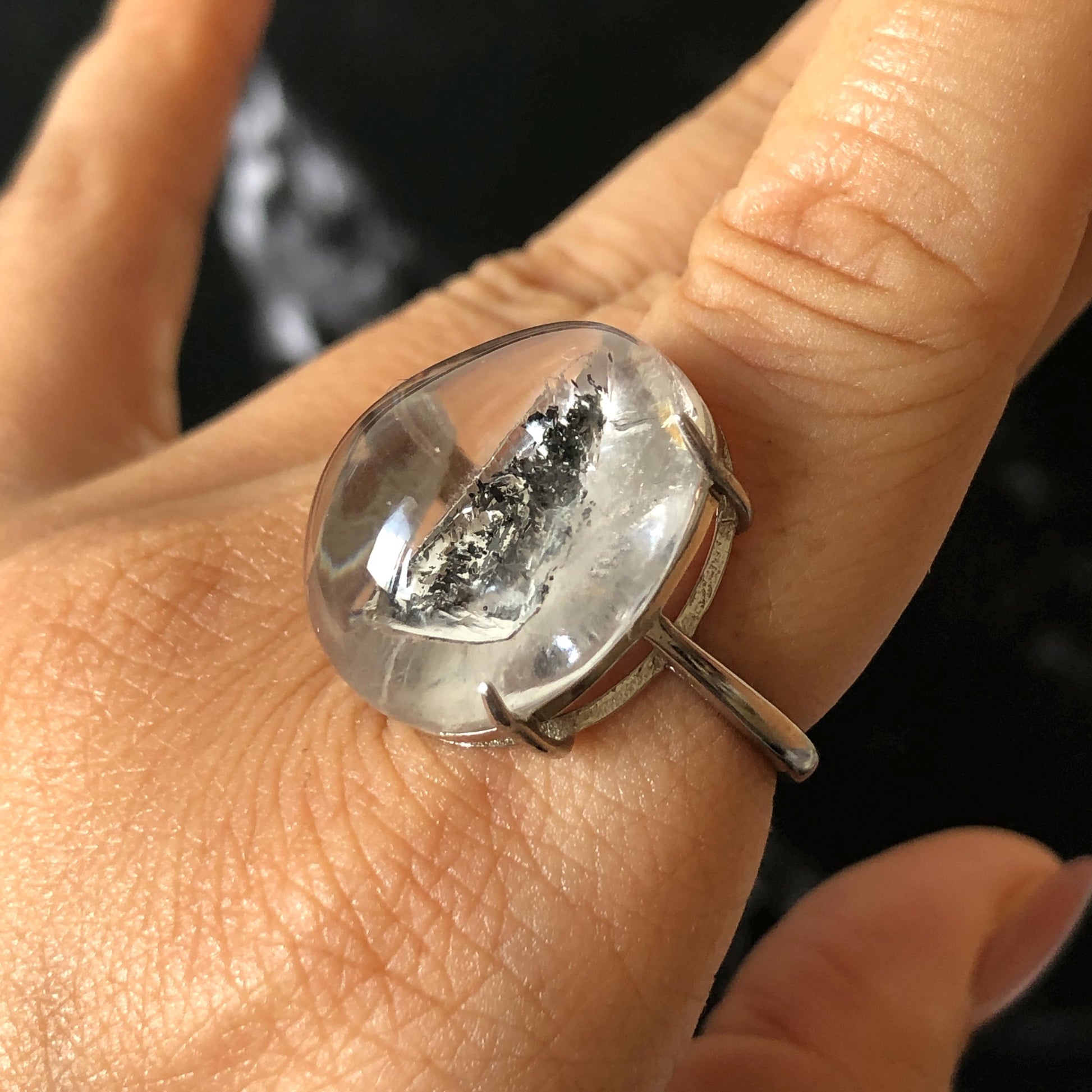 Polished Enhydro Quartz (Herkimer Diamond) S925 Silver Adjustable Ring: Moving Black Mica Sand and Bubble Inclusion in Triangle Chamber | Crystal Statement Ring for Women ring crystal band ring crystal cocktail ring crystal stackable ring 7 chakra crystal ring meditation crystal healing stone birthstone silver ring ring for men rainbow quartz inclusion quartz inclusion crystal minerals specimen silver ring free size ring adjustable ring holder rain quartz quick sand inclusion water inclusion