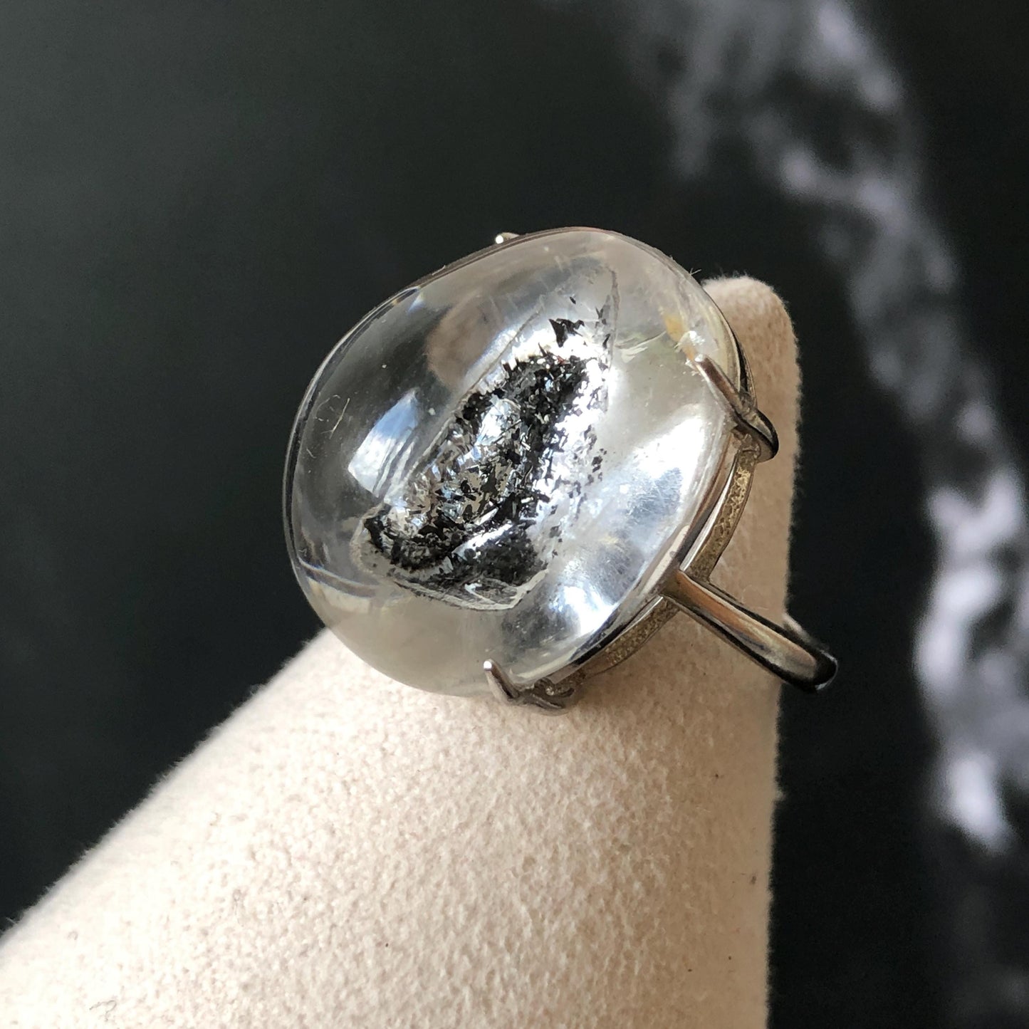 Polished Enhydro Quartz (Herkimer Diamond) S925 Silver Adjustable Ring: Moving Black Mica Sand and Bubble Inclusion in Triangle Chamber | Crystal Statement Ring for Women ring crystal band ring crystal cocktail ring crystal stackable ring 7 chakra crystal ring meditation crystal healing stone birthstone silver ring ring for men rainbow quartz inclusion quartz inclusion crystal minerals specimen silver ring free size ring adjustable ring holder rain quartz quick sand inclusion water inclusion