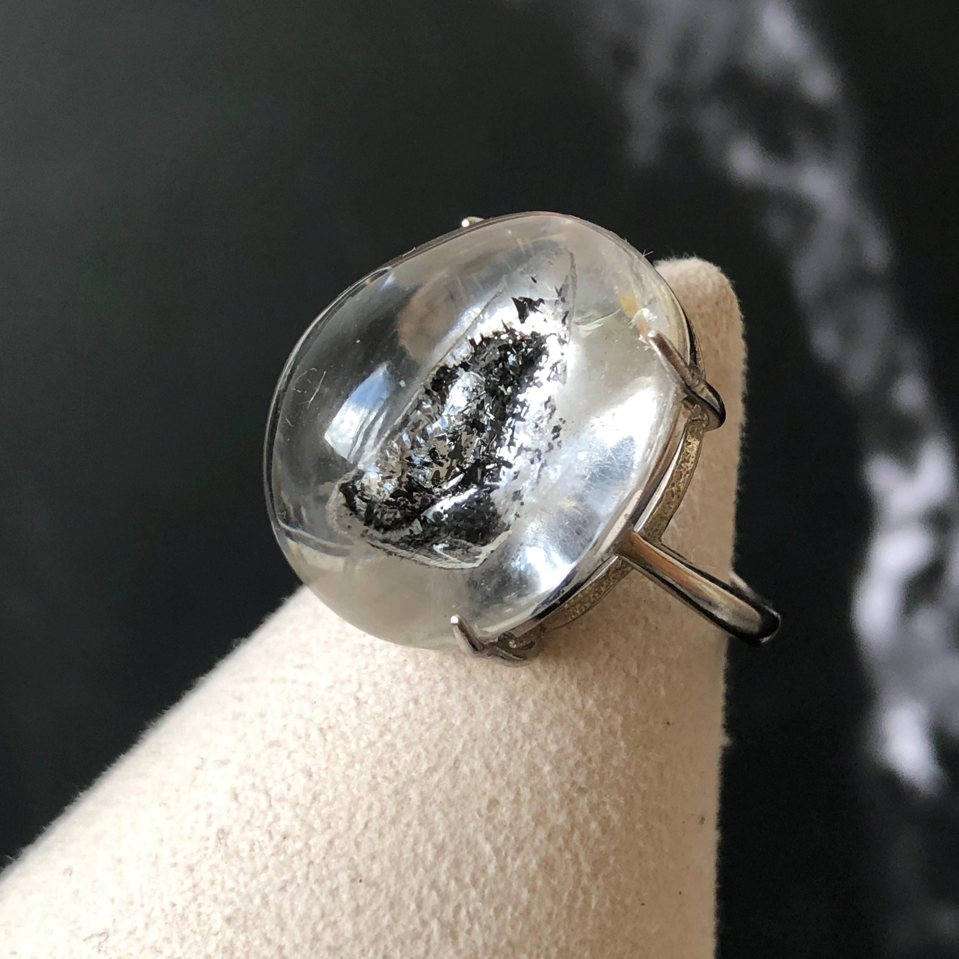 Polished Enhydro Quartz (Herkimer Diamond) S925 Silver Adjustable Ring: Moving Black Mica Sand and Bubble Inclusion in Triangle Chamber | Crystal Statement Ring for Women ring crystal band ring crystal cocktail ring crystal stackable ring 7 chakra crystal ring meditation crystal healing stone birthstone silver ring ring for men rainbow quartz inclusion quartz inclusion crystal minerals specimen silver ring free size ring adjustable ring holder rain quartz quick sand inclusion water inclusion
