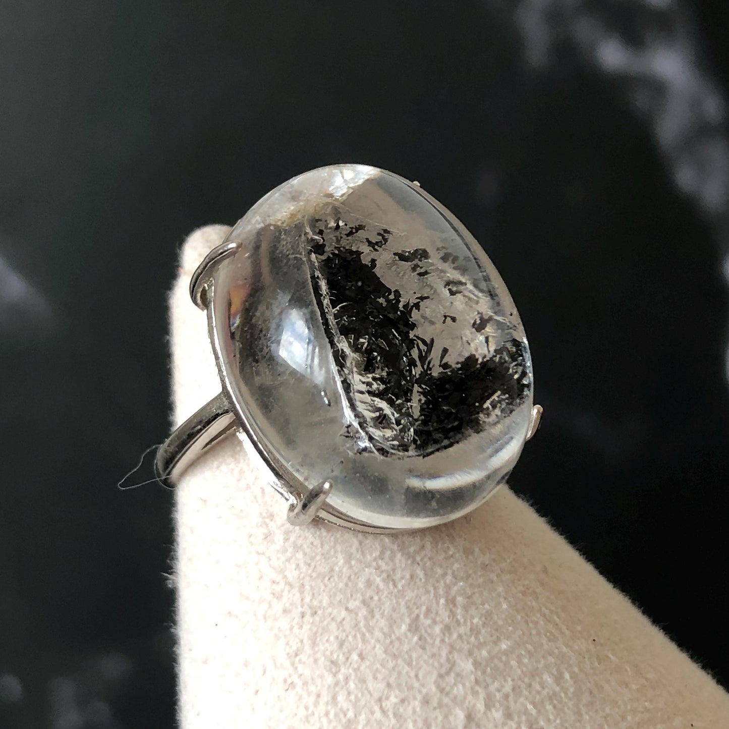 Polished Enhydro Quartz (Herkimer Diamond) S925 Silver Adjustable Ring: Moving Black Mica Sand and Bubble Inclusion in Triangle Chamber | Crystal Statement Ring for Women ring crystal band ring crystal cocktail ring crystal stackable ring 7 chakra crystal ring meditation crystal healing stone birthstone silver ring ring for men rainbow quartz inclusion quartz inclusion crystal minerals specimen silver ring free size ring adjustable ring holder rain quartz quick sand inclusion water inclusion