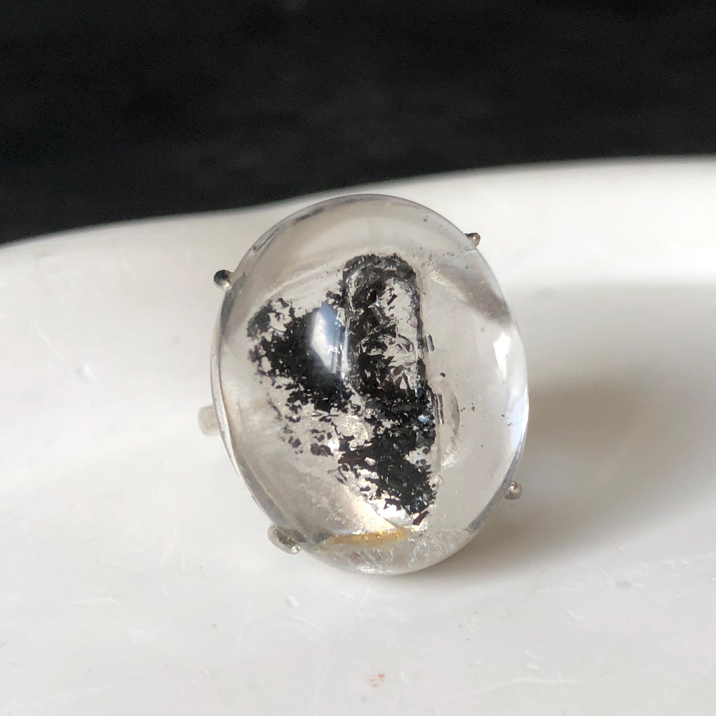 Polished Enhydro Quartz (Herkimer Diamond) S925 Silver Adjustable Ring: Moving Black Mica Sand and Bubble Inclusion in Triangle Chamber | Crystal Statement Ring for Women ring crystal band ring crystal cocktail ring crystal stackable ring 7 chakra crystal ring meditation crystal healing stone birthstone silver ring ring for men rainbow quartz inclusion quartz inclusion crystal minerals specimen silver ring free size ring adjustable ring holder rain quartz quick sand inclusion water inclusion
