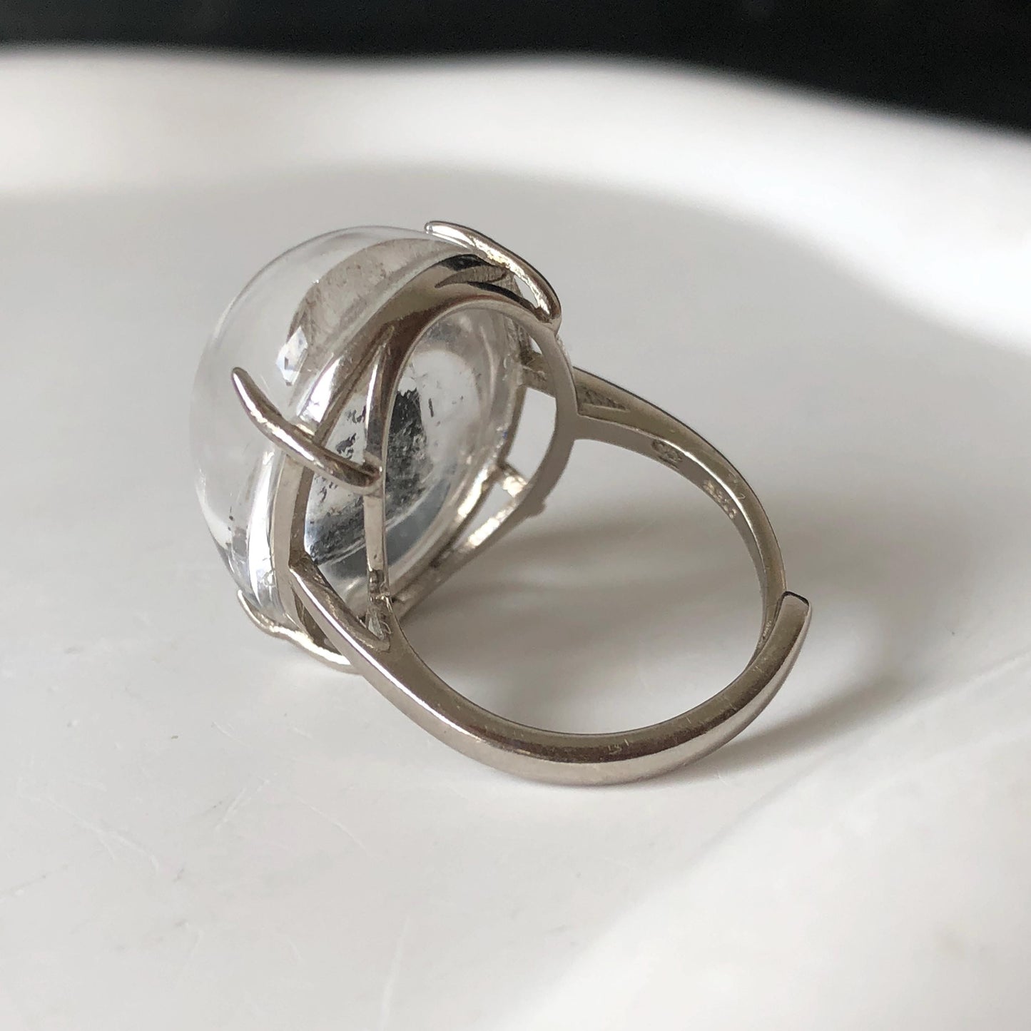 Polished Enhydro Quartz (Herkimer Diamond) S925 Silver Adjustable Ring: Moving Black Mica Sand and Bubble Inclusion in Triangle Chamber | Crystal Statement Ring for Women ring crystal band ring crystal cocktail ring crystal stackable ring 7 chakra crystal ring meditation crystal healing stone birthstone silver ring ring for men rainbow quartz inclusion quartz inclusion crystal minerals specimen silver ring free size ring adjustable ring holder rain quartz quick sand inclusion water inclusion