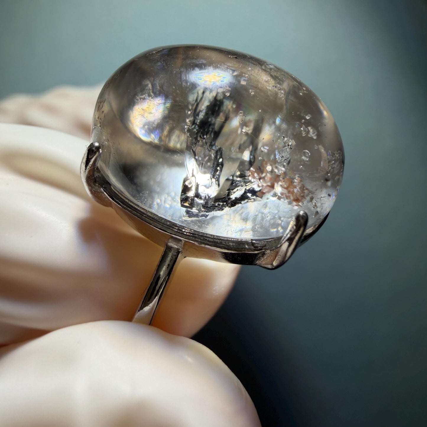 Enhydro Quartz (Herkimer Diamond) S925 Silver Adjustable Ring: Rare Moving Black Tourmaline & Shifting Bubble Inclusion Polished Crystal Statement Ring for Women ring crystal band ring crystal cocktail ring crystal stackable ring 7 chakra crystal ring meditation crystal healing stone birthstone silver ring ring for men rainbow quartz minerals specimen inclusion quartz tourmaline inclusion quick sand inclusion water inclusion cocktail ring stackable ring enhydro crystal ring untreated crystal