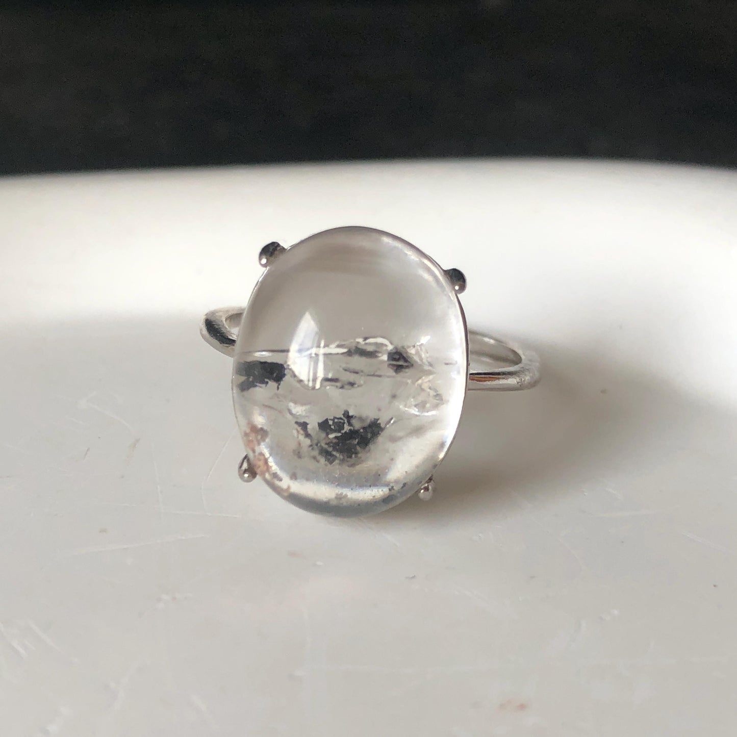 Enhydro Quartz (Herkimer Diamond) S925 Silver Adjustable Ring: Rare Moving Black Tourmaline & Shifting Bubble Inclusion Polished Crystal Statement Ring for Women ring crystal band ring crystal cocktail ring crystal stackable ring 7 chakra crystal ring meditation crystal healing stone birthstone silver ring ring for men rainbow quartz minerals specimen inclusion quartz tourmaline inclusion quick sand inclusion water inclusion cocktail ring stackable ring enhydro crystal ring untreated crystal