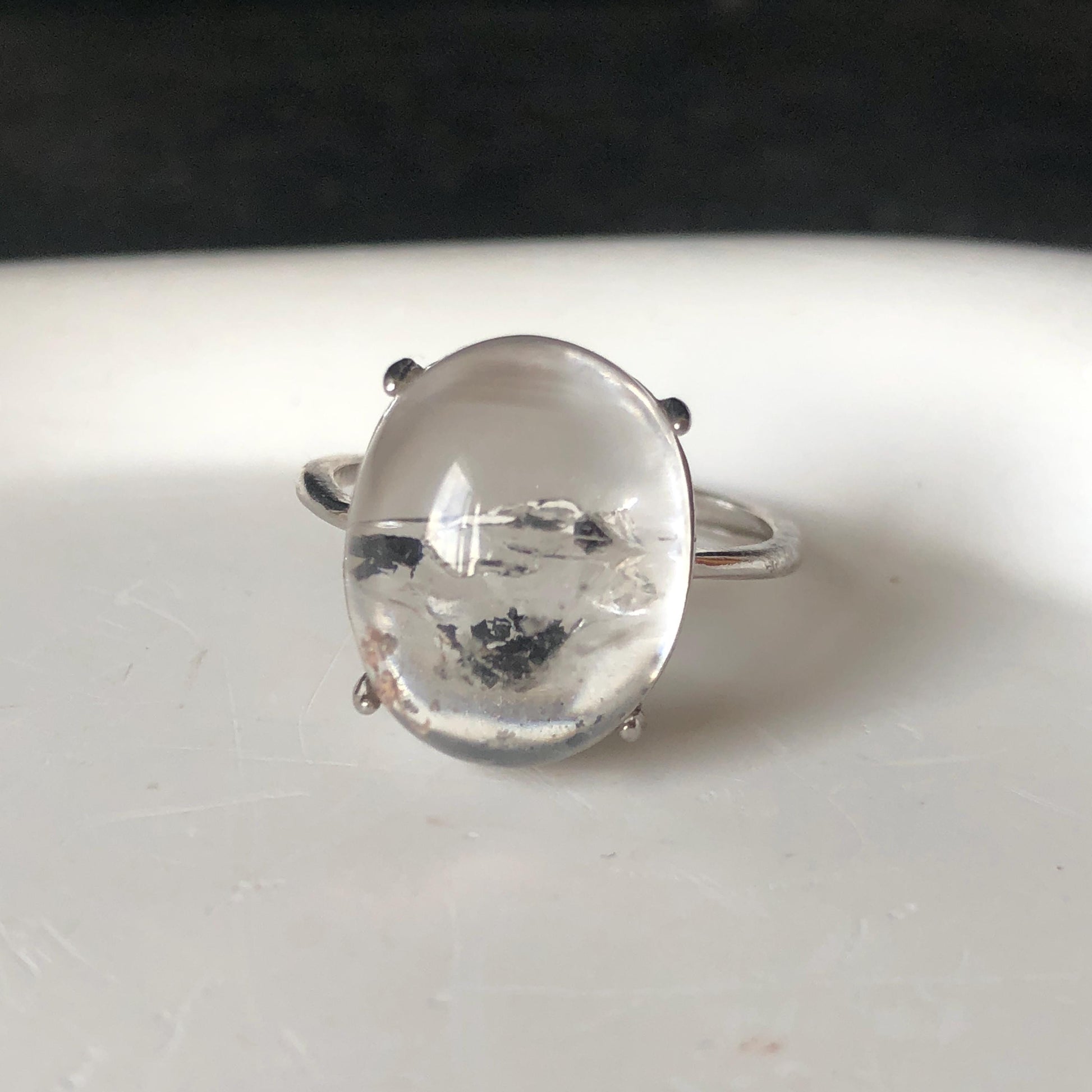 Enhydro Quartz (Herkimer Diamond) S925 Silver Adjustable Ring: Rare Moving Black Tourmaline & Shifting Bubble Inclusion Polished Crystal Statement Ring for Women ring crystal band ring crystal cocktail ring crystal stackable ring 7 chakra crystal ring meditation crystal healing stone birthstone silver ring ring for men rainbow quartz minerals specimen inclusion quartz tourmaline inclusion quick sand inclusion water inclusion cocktail ring stackable ring enhydro crystal ring untreated crystal
