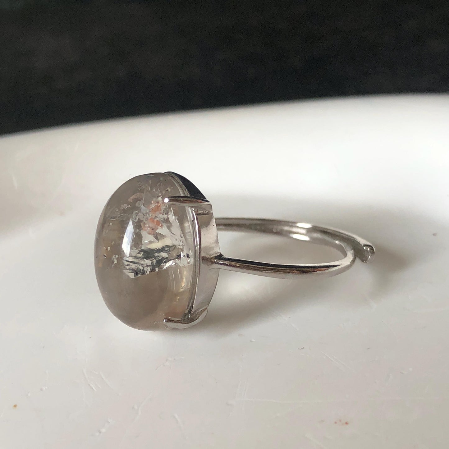 Enhydro Quartz (Herkimer Diamond) S925 Silver Adjustable Ring: Rare Moving Black Tourmaline & Shifting Bubble Inclusion Polished Crystal Statement Ring for Women ring crystal band ring crystal cocktail ring crystal stackable ring 7 chakra crystal ring meditation crystal healing stone birthstone silver ring ring for men rainbow quartz minerals specimen inclusion quartz tourmaline inclusion quick sand inclusion water inclusion cocktail ring stackable ring enhydro crystal ring untreated crystal