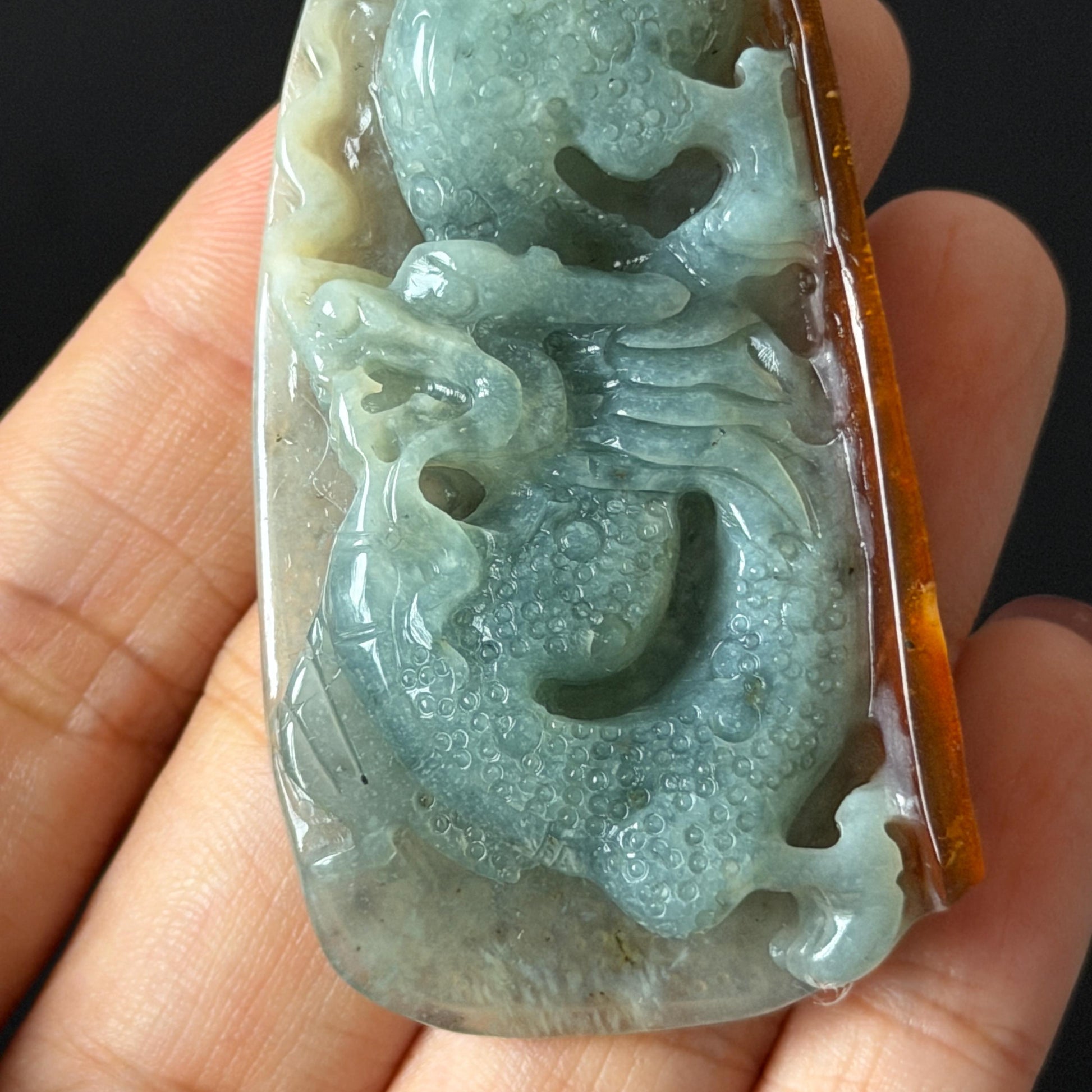 Xiu Jade Dragon Hand Carved Pendant Adjustable Necklace: Natural Serpentine Multicolour Greenish Blue, Yellow and Brown Jade Hand carved Charm | Power & Wealth | Stone Crystal Gemstone Jewellery gift for her gift for him hand engraved jade handcrafted jade charm blue jade green jade yellow jade brown jade red jade multicolor jade relief carving 3D stone carving dragon carving antique pendant asian vintage charm lucky charm big pendant   certificate jade untreat real jade dragon lover gift