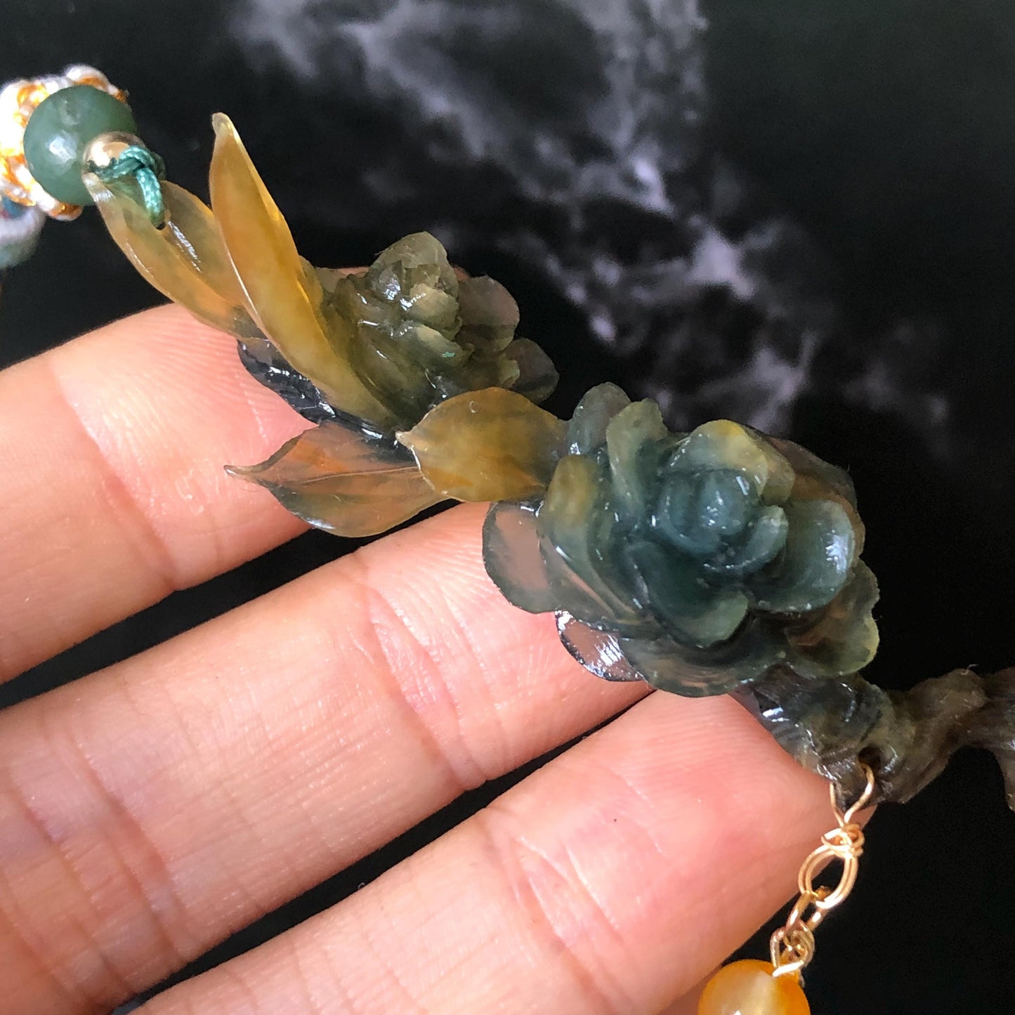 Xiu Jade Gardenia Flower Hand Carved Peony Flower Pendant Adjustable Braided Necklace Choker: Natural Untreated Green & Yellow Serpentine Carving Charm | Asian Vintage Style Stone Crystal Gemstone Jewellery Gift for her, green jade carving yellow jade carving flower carving hand engraved chinese jade pendant necklace vintage necklace antique necklace natural untreated jade modern necklace bird carving braided necklace dangle