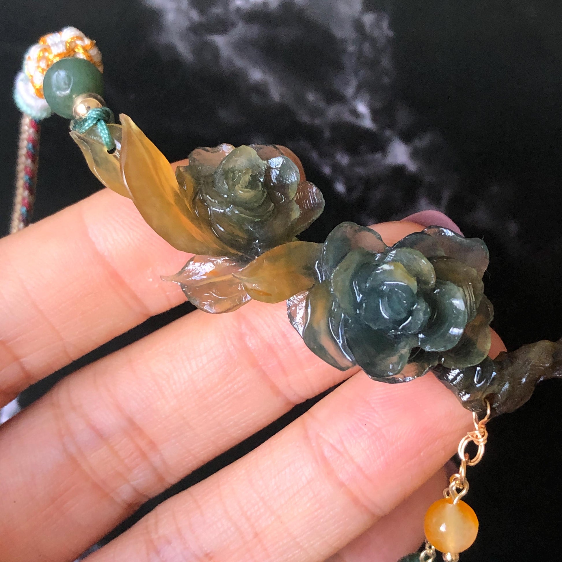 Xiu Jade Gardenia Flower Hand Carved Peony Flower Pendant Adjustable Braided Necklace Choker: Natural Untreated Green & Yellow Serpentine Carving Charm | Asian Vintage Style Stone Crystal Gemstone Jewellery Gift for her, green jade carving yellow jade carving flower carving hand engraved chinese jade pendant necklace vintage necklace antique necklace natural untreated jade modern necklace bird carving braided necklace dangle