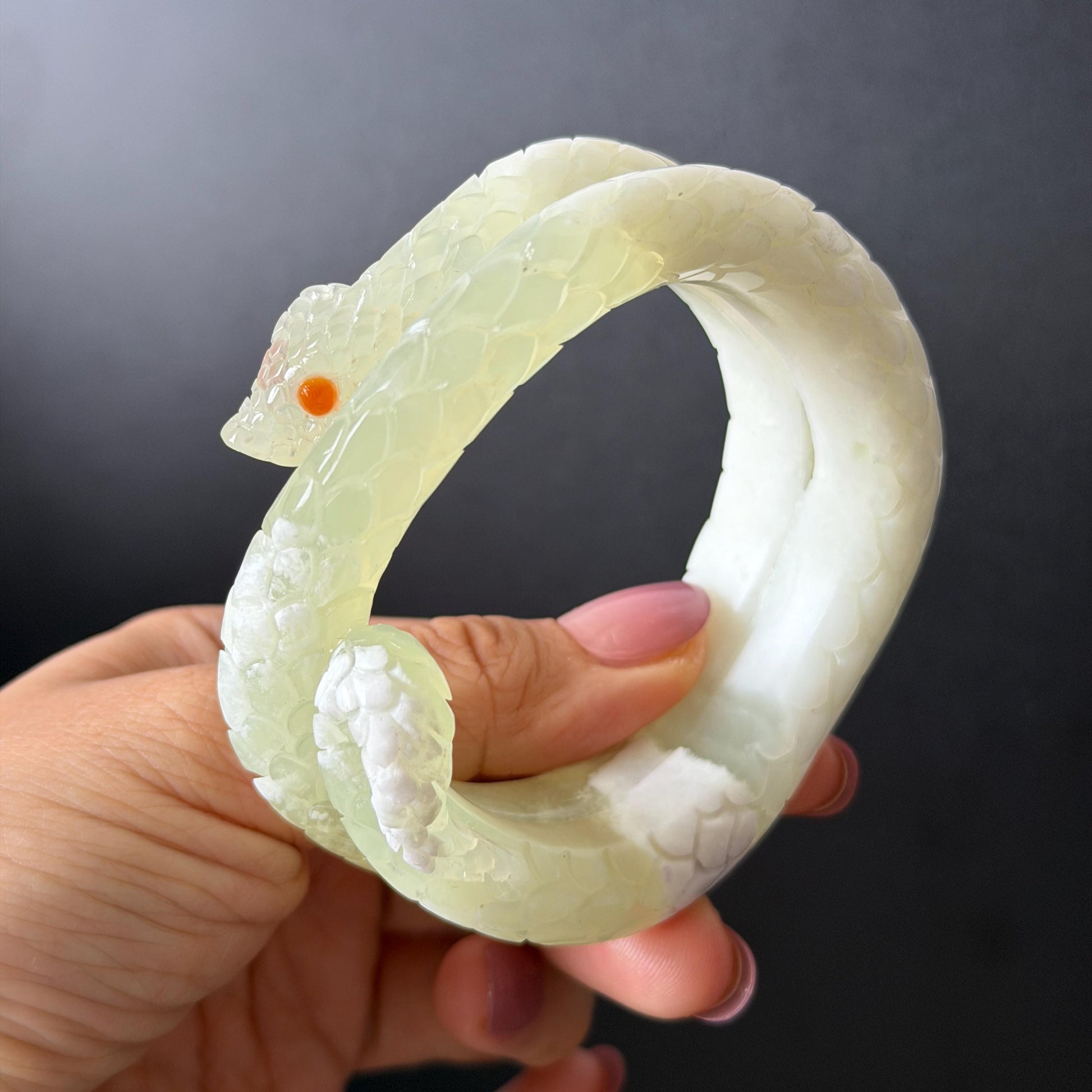 Custom Size 50-65mm! Xiu Jade White Snake Hand Carved Bangle: Certified Natural Serpentine White & Green Jade with Red Agate handcrafted Bracelet 3D stone carving Accept Customized order tailor-made bangle customized gift snake lover natural jade with certificate bracelet green jade white jade certified jade stone bangle gemstone bracelet crystal bangle jade carving personalized gift make to order antique bracelet chinese untreated jade birthday gift hallow out red agate bracelet