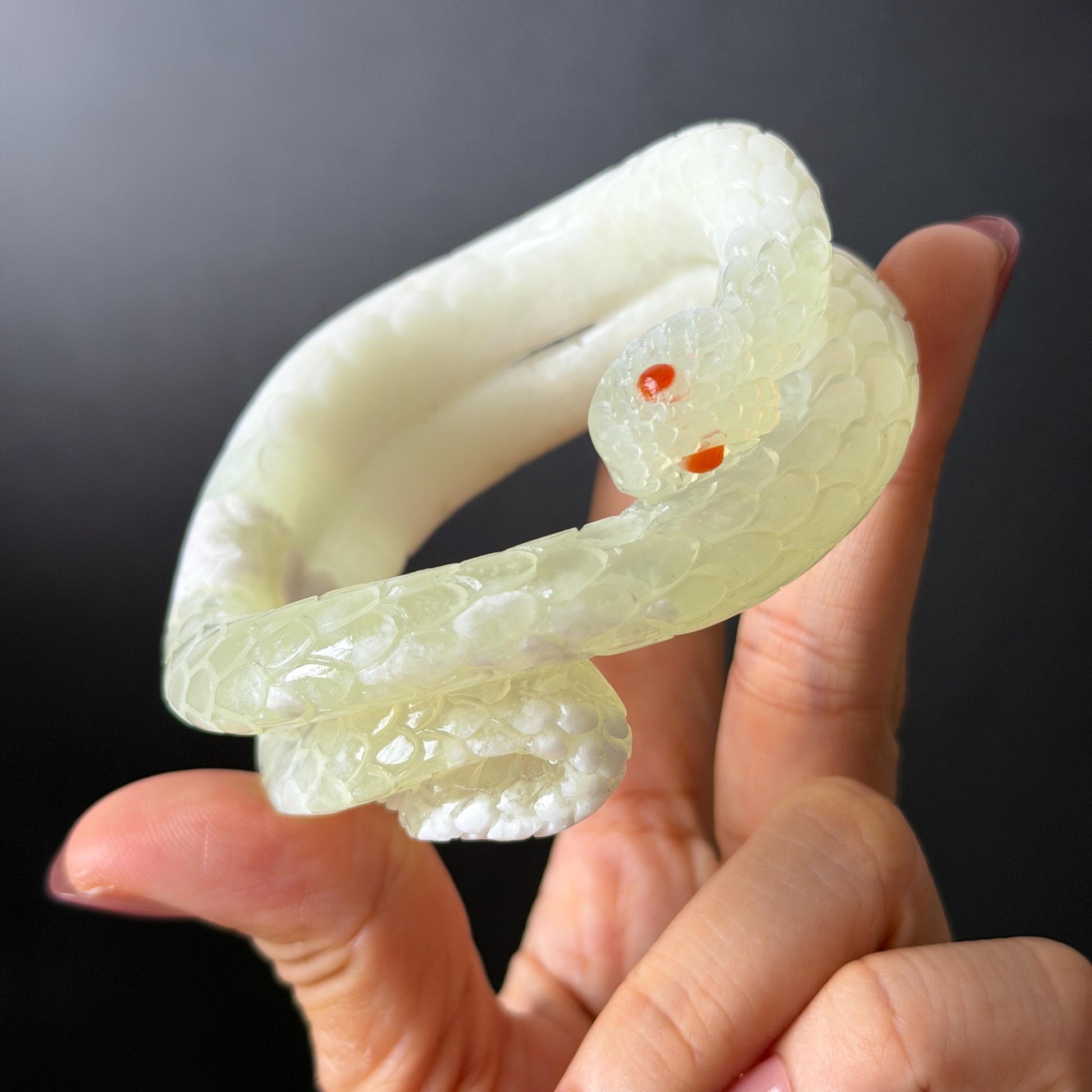 Custom Size 50-65mm! Xiu Jade White Snake Hand Carved Bangle: Certified Natural Serpentine White & Green Jade with Red Agate handcrafted Bracelet 3D stone carving Accept Customized order tailor-made bangle customized gift snake lover natural jade with certificate bracelet green jade white jade certified jade stone bangle gemstone bracelet crystal bangle jade carving personalized gift make to order antique bracelet chinese untreated jade birthday gift hallow out red agate bracelet