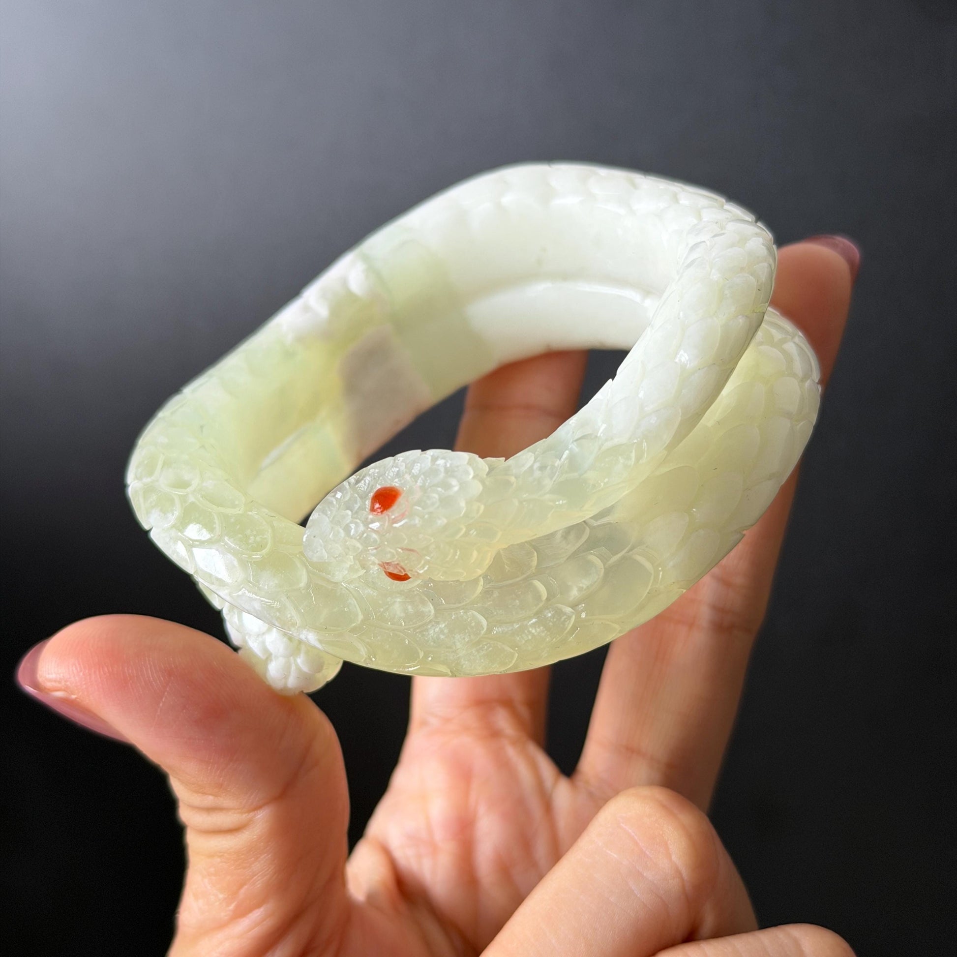 Custom Size 50-65mm! Xiu Jade White Snake Hand Carved Bangle: Certified Natural Serpentine White & Green Jade with Red Agate handcrafted Bracelet 3D stone carving Accept Customized order tailor-made bangle customized gift snake lover natural jade with certificate bracelet green jade white jade certified jade stone bangle gemstone bracelet crystal bangle jade carving personalized gift make to order antique bracelet chinese untreated jade birthday gift hallow out red agate bracelet