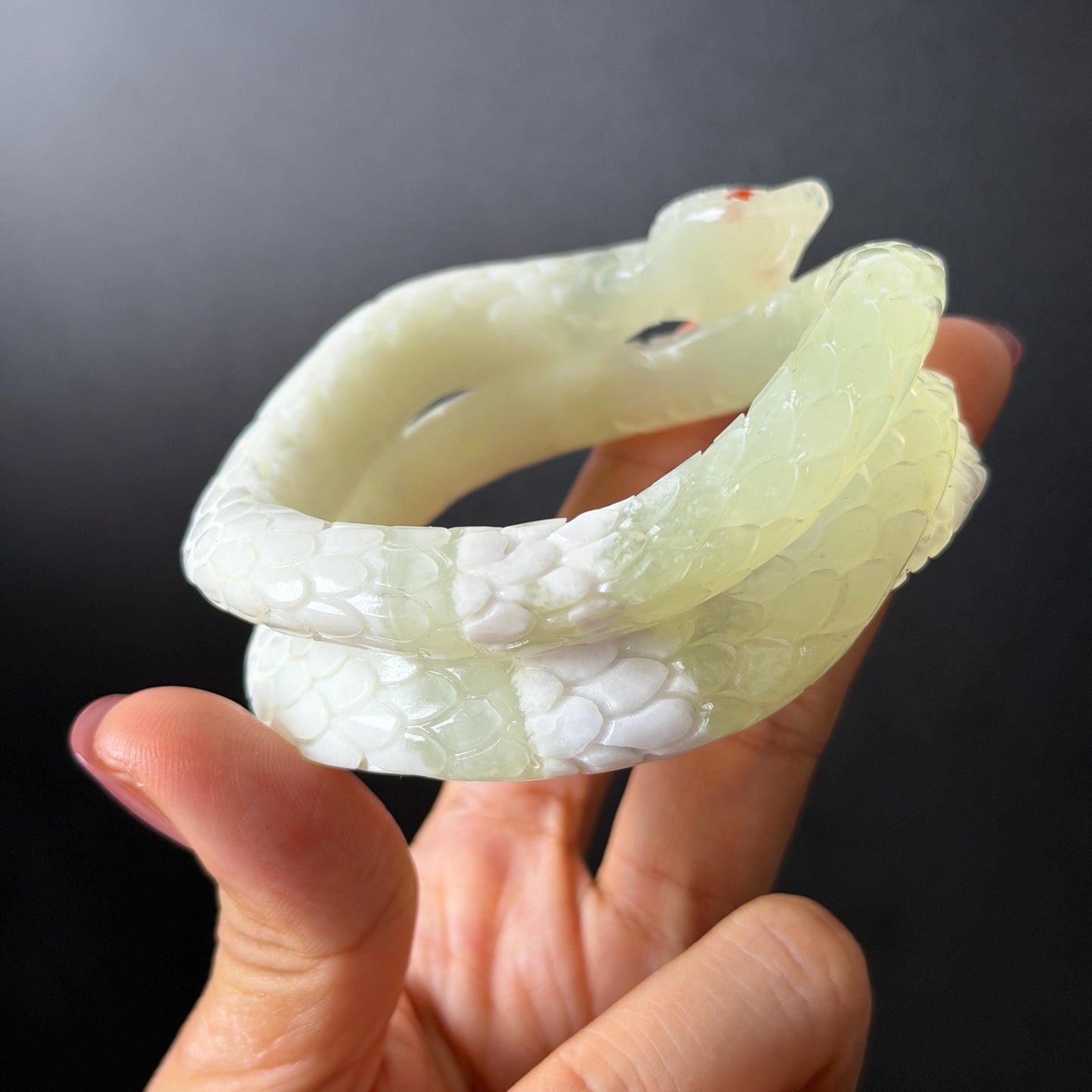 Custom Size 50-65mm! Xiu Jade White Snake Hand Carved Bangle: Certified Natural Serpentine White & Green Jade with Red Agate handcrafted Bracelet 3D stone carving Accept Customized order tailor-made bangle customized gift snake lover natural jade with certificate bracelet green jade white jade certified jade stone bangle gemstone bracelet crystal bangle jade carving personalized gift make to order antique bracelet chinese untreated jade birthday gift hallow out red agate bracelet