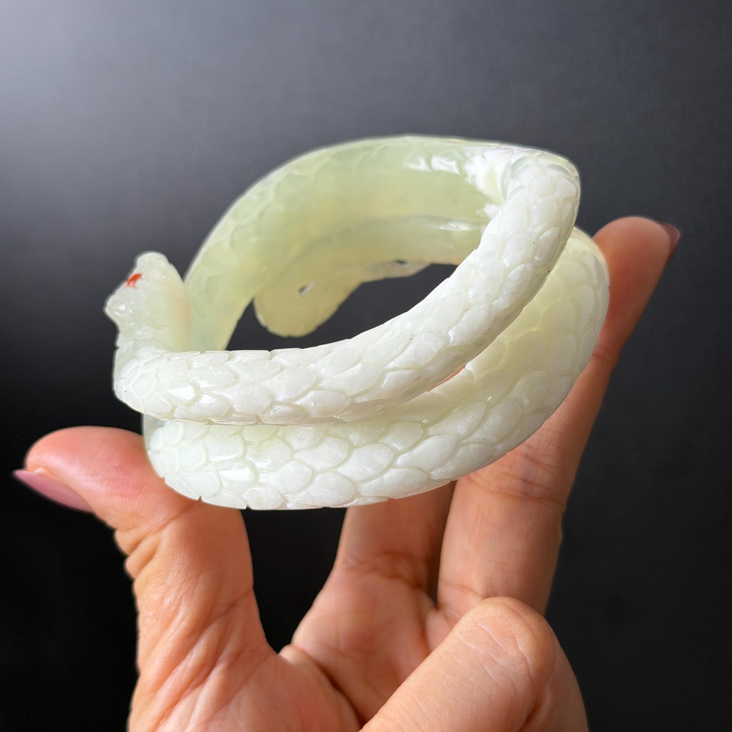 Custom Size 50-65mm! Xiu Jade White Snake Hand Carved Bangle: Certified Natural Serpentine White & Green Jade with Red Agate handcrafted Bracelet 3D stone carving Accept Customized order tailor-made bangle customized gift snake lover natural jade with certificate bracelet green jade white jade certified jade stone bangle gemstone bracelet crystal bangle jade carving personalized gift make to order antique bracelet chinese untreated jade birthday gift hallow out red agate bracelet