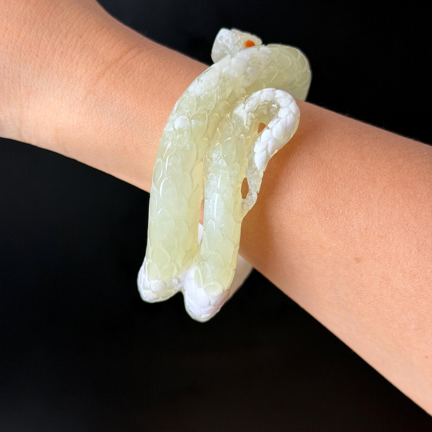 Custom Size 50-65mm! Xiu Jade White Snake Hand Carved Bangle: Certified Natural Serpentine White & Green Jade with Red Agate handcrafted Bracelet 3D stone carving Accept Customized order tailor-made bangle customized gift snake lover natural jade with certificate bracelet green jade white jade certified jade stone bangle gemstone bracelet crystal bangle jade carving personalized gift make to order antique bracelet chinese untreated jade birthday gift hallow out red agate bracelet