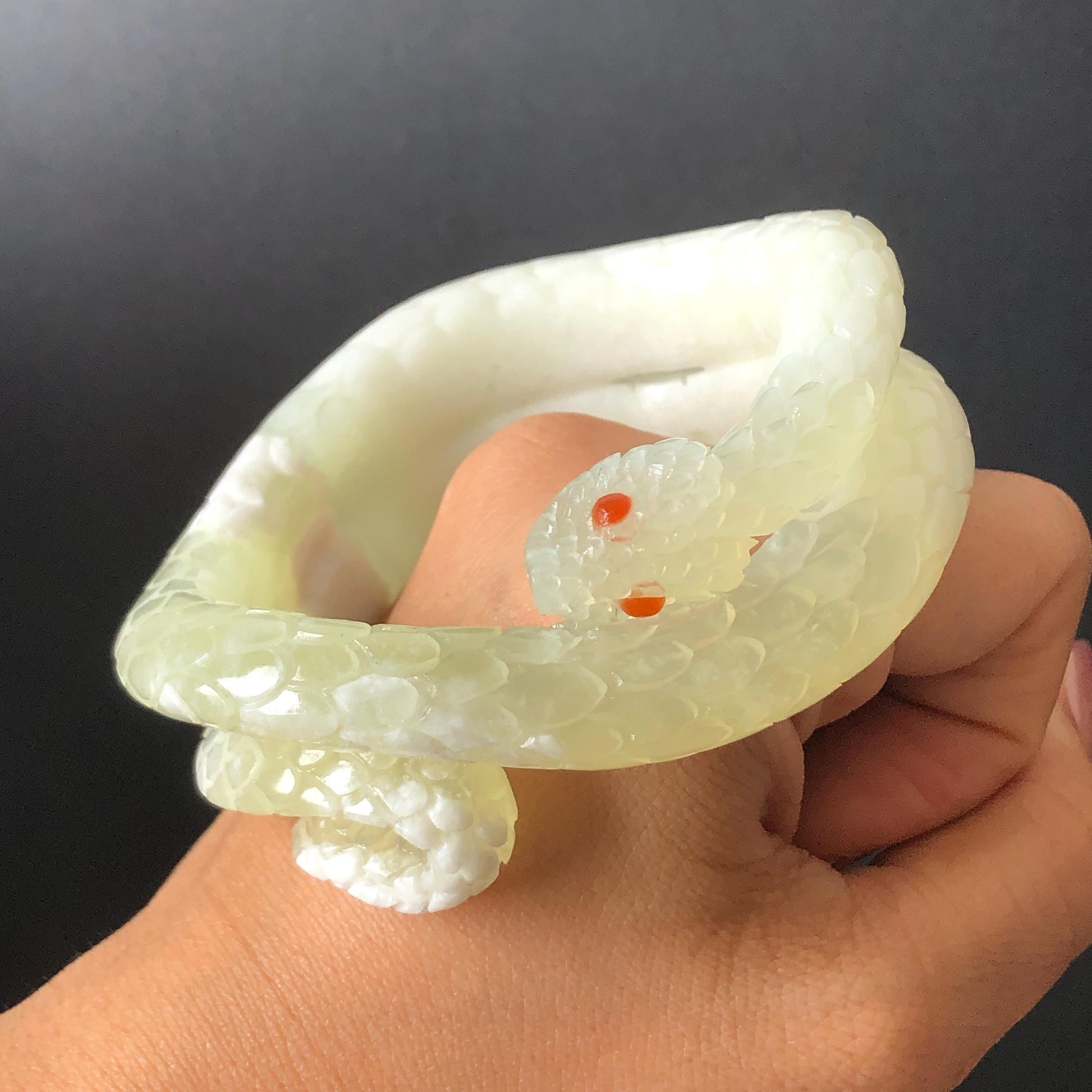 Custom Size 50-65mm! Xiu Jade White Snake Hand Carved Bangle: Certified Natural Serpentine White & Green Jade with Red Agate handcrafted Bracelet 3D stone carving Accept Customized order tailor-made bangle customized gift snake lover natural jade with certificate bracelet green jade white jade certified jade stone bangle gemstone bracelet crystal bangle jade carving personalized gift make to order antique bracelet chinese untreated jade birthday gift hallow out red agate bracelet