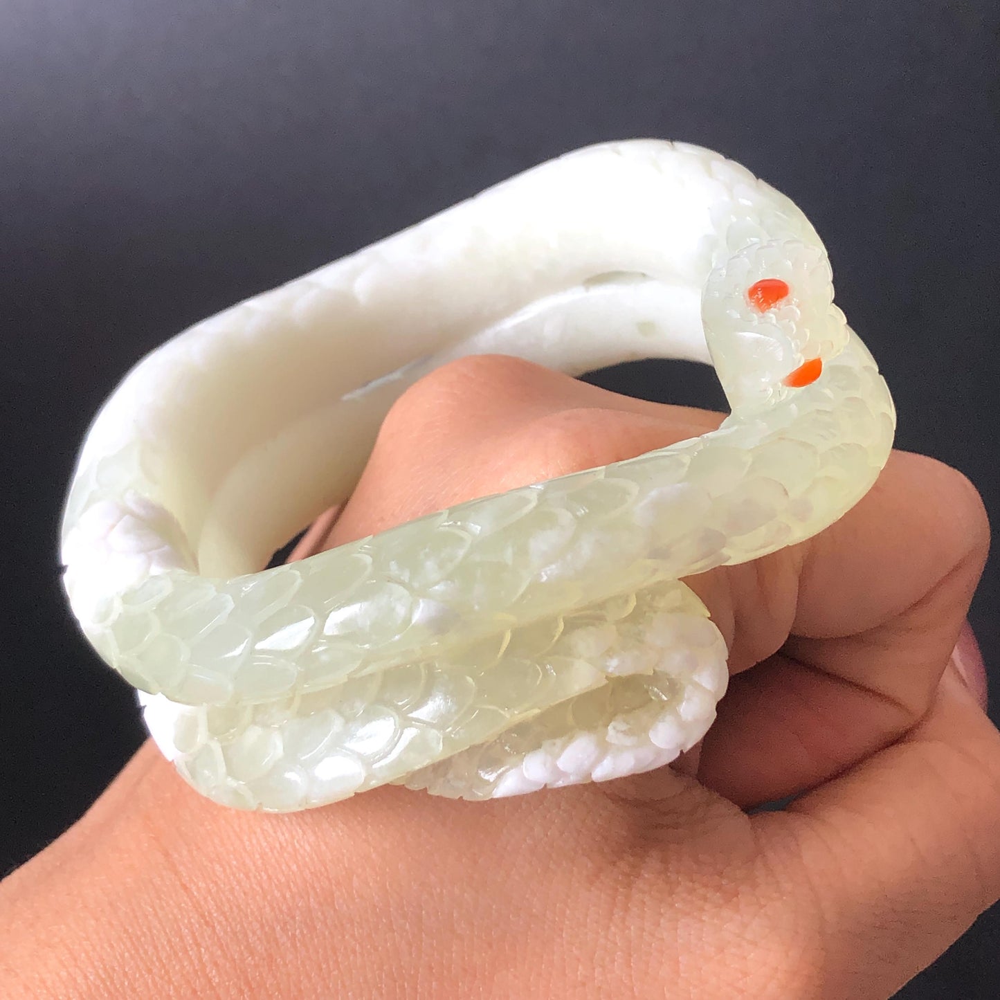Custom Size 50-65mm! Xiu Jade White Snake Hand Carved Bangle: Certified Natural Serpentine White & Green Jade with Red Agate handcrafted Bracelet 3D stone carving Accept Customized order tailor-made bangle customized gift snake lover natural jade with certificate bracelet green jade white jade certified jade stone bangle gemstone bracelet crystal bangle jade carving personalized gift make to order antique bracelet chinese untreated jade birthday gift hallow out red agate bracelet
