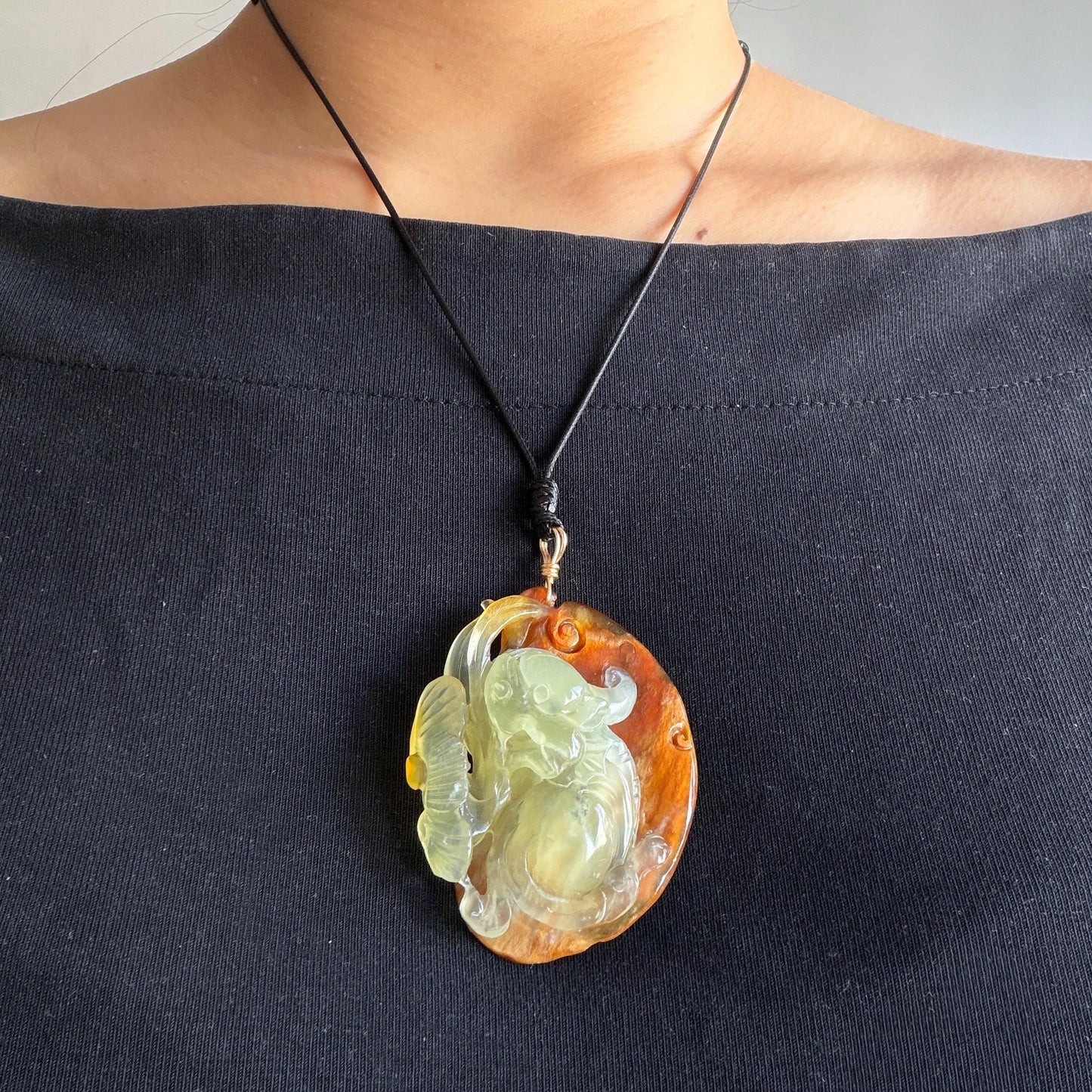Xiu Jade Pixiu & Ruyi Hand Carved Pendant Adjustable Necklace: Certified Natural Serpentine Brown & Yellow Jade Hand Engraved Charm | Abundance & Wealth | Stone Crystal Gemstone Jewellery gift for her gift for him hand engraved jade handcrafted jade charm yellow jade brown jade red jade multicolor jade relief carving 3D stone carving pixiu carving antique pendant asian vintage charm lucky charm big pendant certificate jade untreat real jade pixiu lover gift protection charm