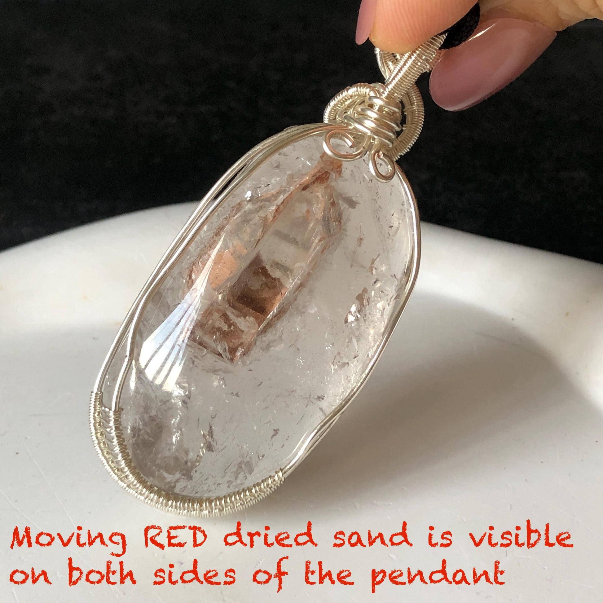 Rare Found! Enhydro Quartz Moving Dried Red Sand: Polished Inclusion Crystal Wrapped Wire Pendant Adjustable Necklace Palm Stone gift for her enhydro quartz sand water-fall pendant necklace choker gemstone charm stone pendant choker polished stone pendant crystal charm birthstone men necklace chakra crystal minerals specimen silver wire wrapped pendant inclusion crystal inclusion crystal sediment stone dirt inclusion quick sand inclusion chakra stone meditation crystal birthstone necklce