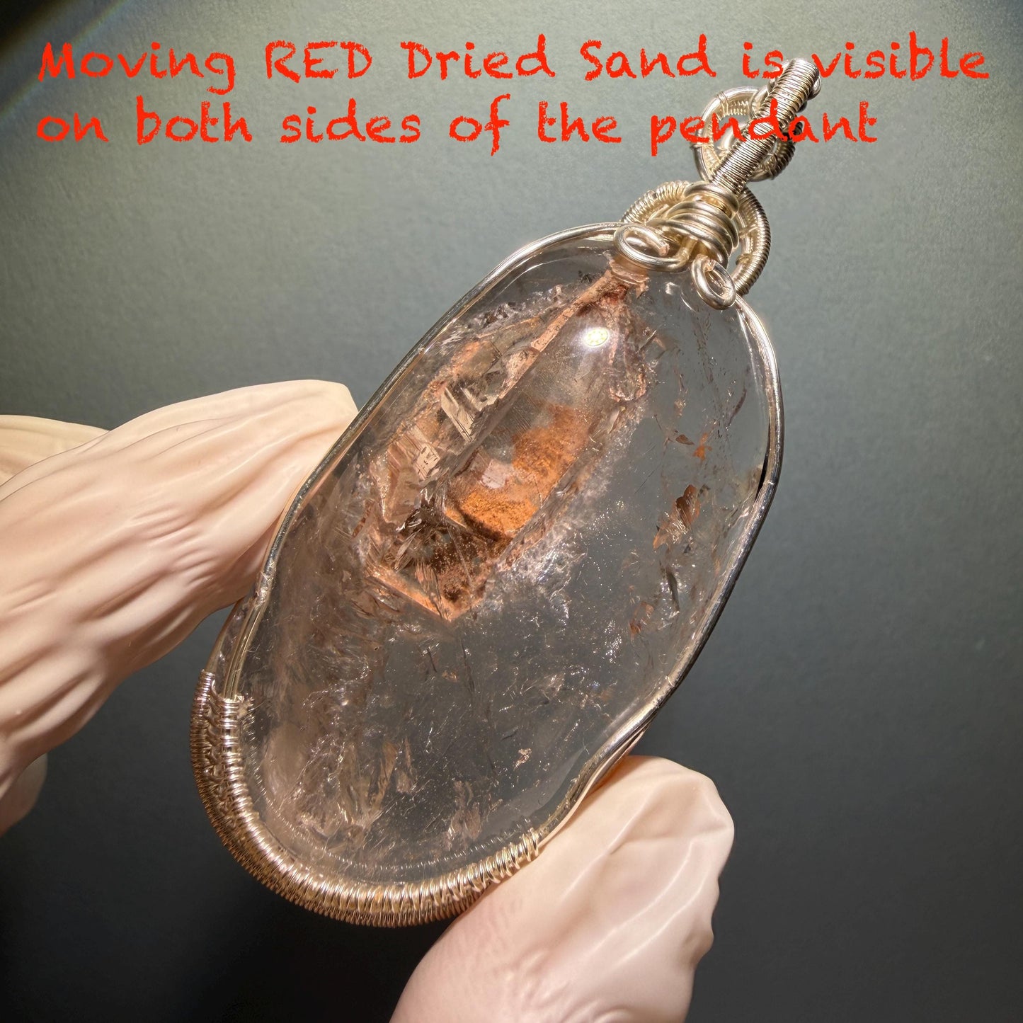 Rare Found! Enhydro Quartz Moving Dried Red Sand: Polished Inclusion Crystal Wrapped Wire Pendant Adjustable Necklace Palm Stone gift for her enhydro quartz sand water-fall pendant necklace choker gemstone charm stone pendant choker polished stone pendant crystal charm birthstone men necklace chakra crystal minerals specimen silver wire wrapped pendant inclusion crystal inclusion crystal sediment stone dirt inclusion quick sand inclusion chakra stone meditation crystal birthstone necklce