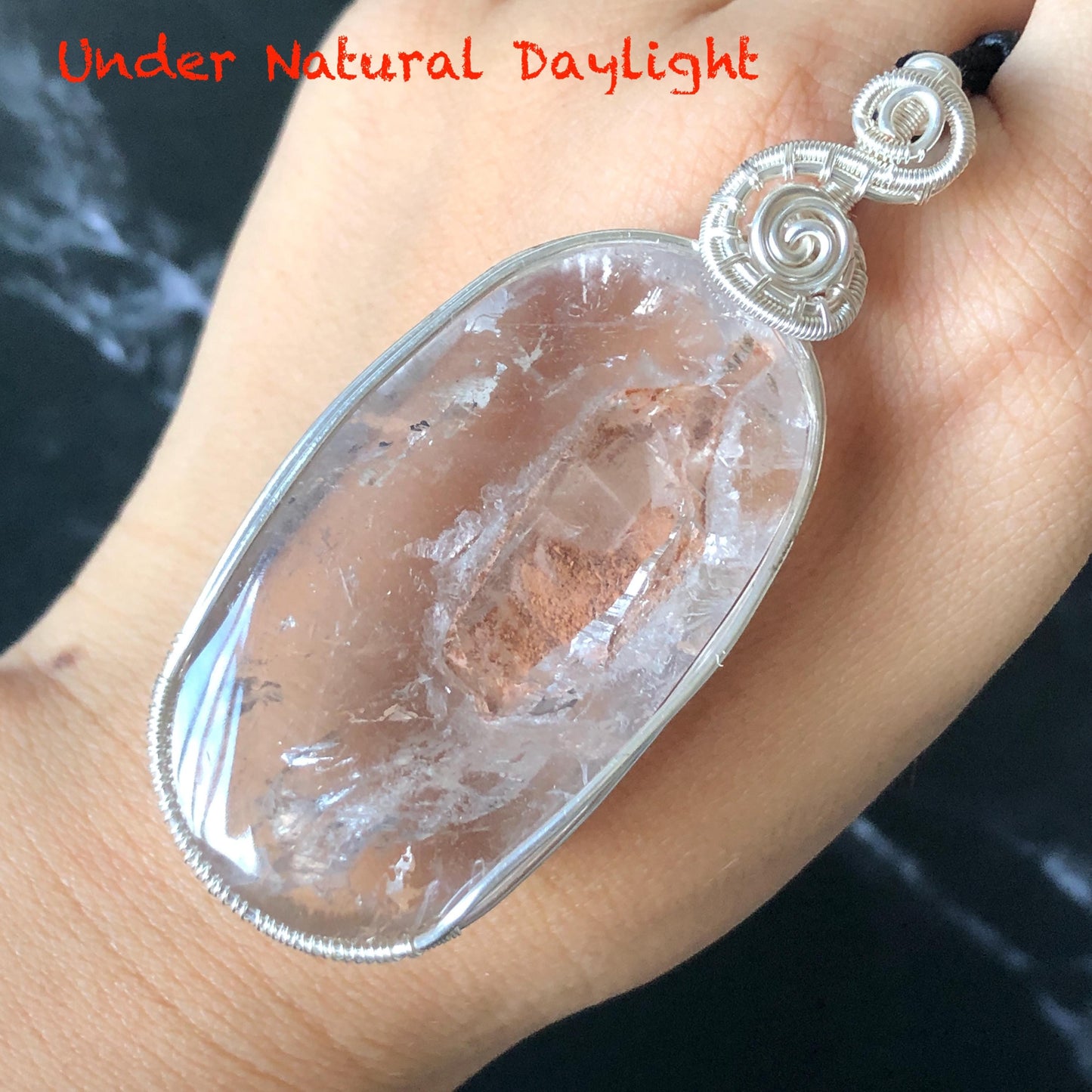 Rare Found! Enhydro Quartz Moving Dried Red Sand: Polished Inclusion Crystal Wrapped Wire Pendant Adjustable Necklace Palm Stone gift for her enhydro quartz sand water-fall pendant necklace choker gemstone charm stone pendant choker polished stone pendant crystal charm birthstone men necklace chakra crystal minerals specimen silver wire wrapped pendant inclusion crystal inclusion crystal sediment stone dirt inclusion quick sand inclusion chakra stone meditation crystal birthstone necklce