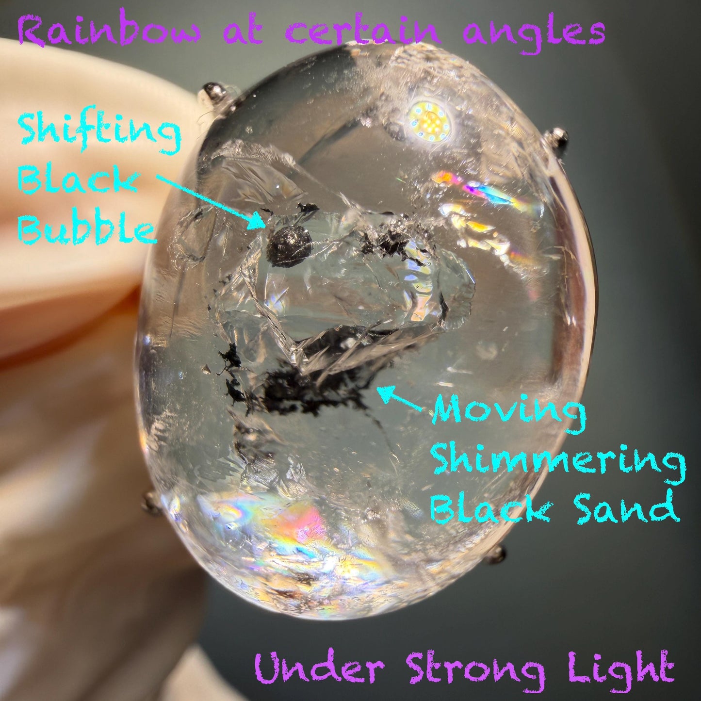 Enhydro Quartz (Herkimer Diamond) S925 Sliver Adjustable Ring: Rainbow! 2 sites of Moving Shimmering Black Mica & Black Bubble Rare Polished Inclusion Crystal Statement Ring for Women  ring crystal band ring crystal cocktail ring crystal stackable ring 7 chakra crystal ring meditation crystal healing stone birthstone ring for men rainbow quartz inclusion quartz inclusion crystal minerals specimen silver ring free size ring adjustable ring holder rain quartz quick sand inclusion water inclusion