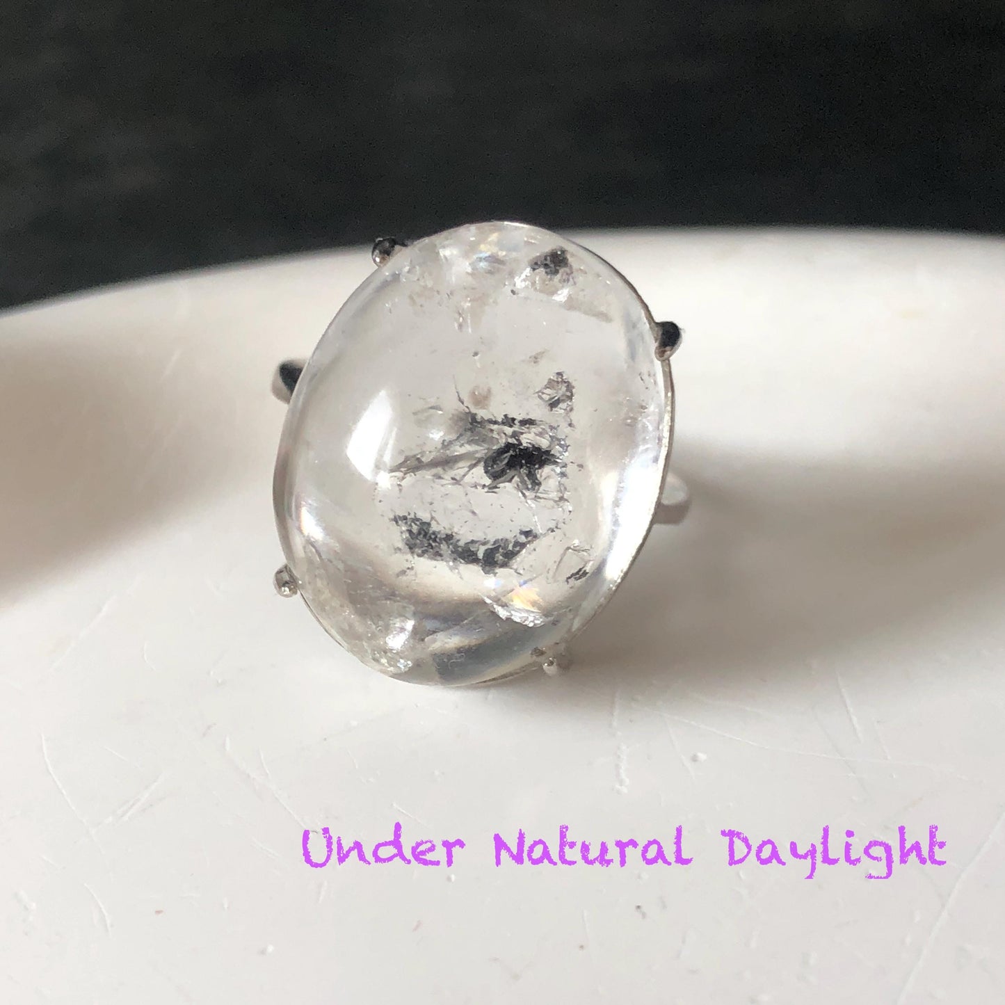Enhydro Quartz (Herkimer Diamond) S925 Sliver Adjustable Ring: Rainbow! 2 sites of Moving Shimmering Black Mica & Black Bubble Rare Polished Inclusion Crystal Statement Ring for Women  ring crystal band ring crystal cocktail ring crystal stackable ring 7 chakra crystal ring meditation crystal healing stone birthstone ring for men rainbow quartz inclusion quartz inclusion crystal minerals specimen silver ring free size ring adjustable ring holder rain quartz quick sand inclusion water inclusion