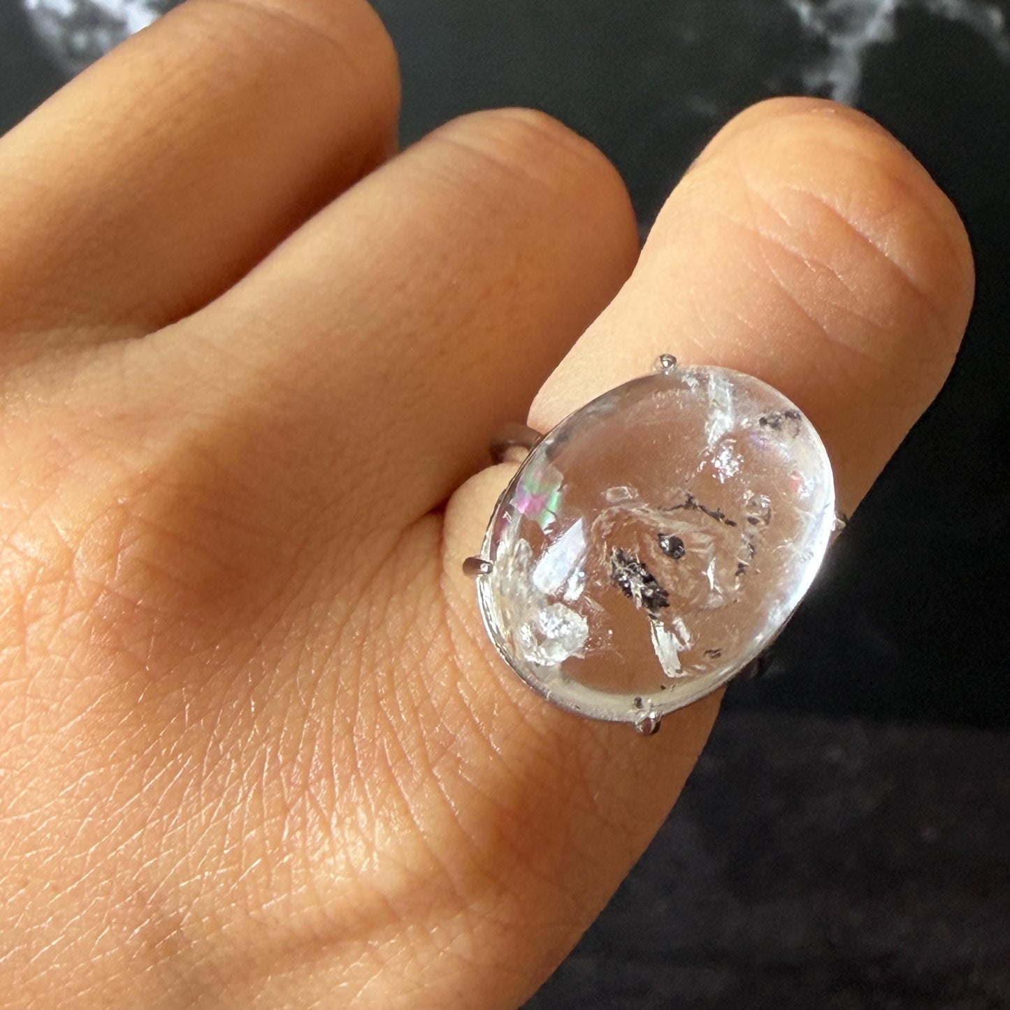 Enhydro Quartz (Herkimer Diamond) S925 Sliver Adjustable Ring: Rainbow! 2 sites of Moving Shimmering Black Mica & Black Bubble Rare Polished Inclusion Crystal Statement Ring for Women  ring crystal band ring crystal cocktail ring crystal stackable ring 7 chakra crystal ring meditation crystal healing stone birthstone ring for men rainbow quartz inclusion quartz inclusion crystal minerals specimen silver ring free size ring adjustable ring holder rain quartz quick sand inclusion water inclusion