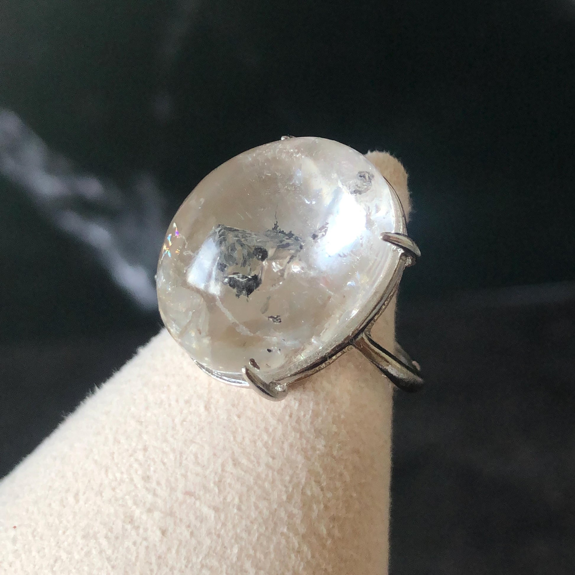 Enhydro Quartz (Herkimer Diamond) S925 Sliver Adjustable Ring: Rainbow! 2 sites of Moving Shimmering Black Mica & Black Bubble Rare Polished Inclusion Crystal Statement Ring for Women  ring crystal band ring crystal cocktail ring crystal stackable ring 7 chakra crystal ring meditation crystal healing stone birthstone ring for men rainbow quartz inclusion quartz inclusion crystal minerals specimen silver ring free size ring adjustable ring holder rain quartz quick sand inclusion water inclusion