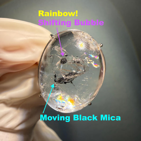 Enhydro Quartz (Herkimer Diamond) S925 Sliver Adjustable Ring: Rainbow! 2 sites of Moving Shimmering Black Mica & Black Bubble Rare Polished Inclusion Crystal Statement Ring for Women  ring crystal band ring crystal cocktail ring crystal stackable ring 7 chakra crystal ring meditation crystal healing stone birthstone ring for men rainbow quartz inclusion quartz inclusion crystal minerals specimen silver ring free size ring adjustable ring holder rain quartz quick sand inclusion water inclusion