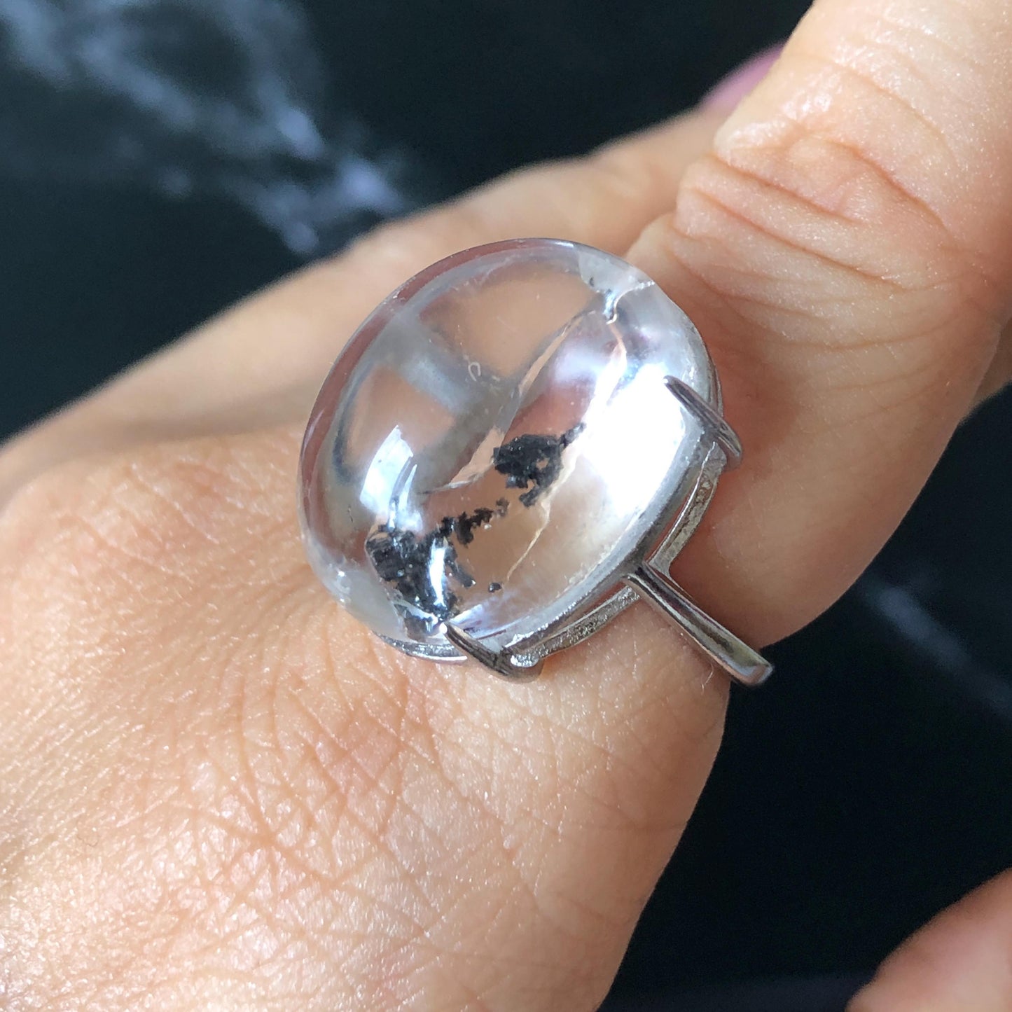 Enhydro Quartz (Herkimer Diamond) S925 Silver Adjustable Ring: Rare Moving Black Tourmaline Inclusion Polished Crystal Statement Ring for Women ring crystal band ring crystal cocktail ring crystal stackable ring 7 chakra crystal ring meditation crystal healing stone birthstone silver ring ring for men rainbow quartz minerals specimen inclusion quartz tourmaline inclusion quick sand inclusion water inclusion cocktail ring stackable ring enhydro crystal ring men statement ring untreated crystal