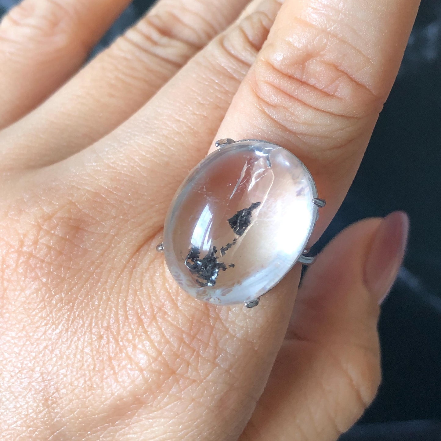 Enhydro Quartz (Herkimer Diamond) S925 Silver Adjustable Ring: Rare Moving Black Tourmaline Inclusion Polished Crystal Statement Ring for Women ring crystal band ring crystal cocktail ring crystal stackable ring 7 chakra crystal ring meditation crystal healing stone birthstone silver ring ring for men rainbow quartz minerals specimen inclusion quartz tourmaline inclusion quick sand inclusion water inclusion cocktail ring stackable ring enhydro crystal ring men statement ring untreated crystal