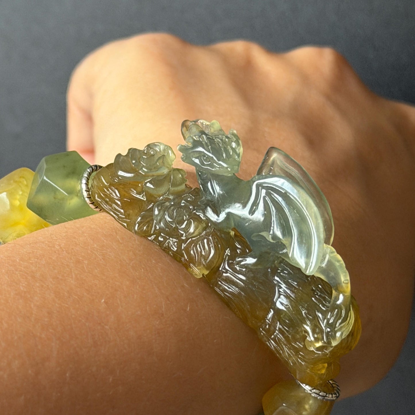 Xiu Jade Dragon Hand Carved Charm Irregular Bead Stretched Elastic Bracelet: Natural Ice Green Yellow Serpentine Jade & Vintage Tibetan Silver Accessory| Personalized Gift for her Natural Multi-coloured Jade customised bracelet hand engraved jade bracelet carved charm carved pendant dragon carving rose bracelet green jade yellow jade silver bracelet tailor made bracelet personalised bracelet diy bracelet untreated jade elastic stretch bracelet dragon lover gift 3D stone carving custom made