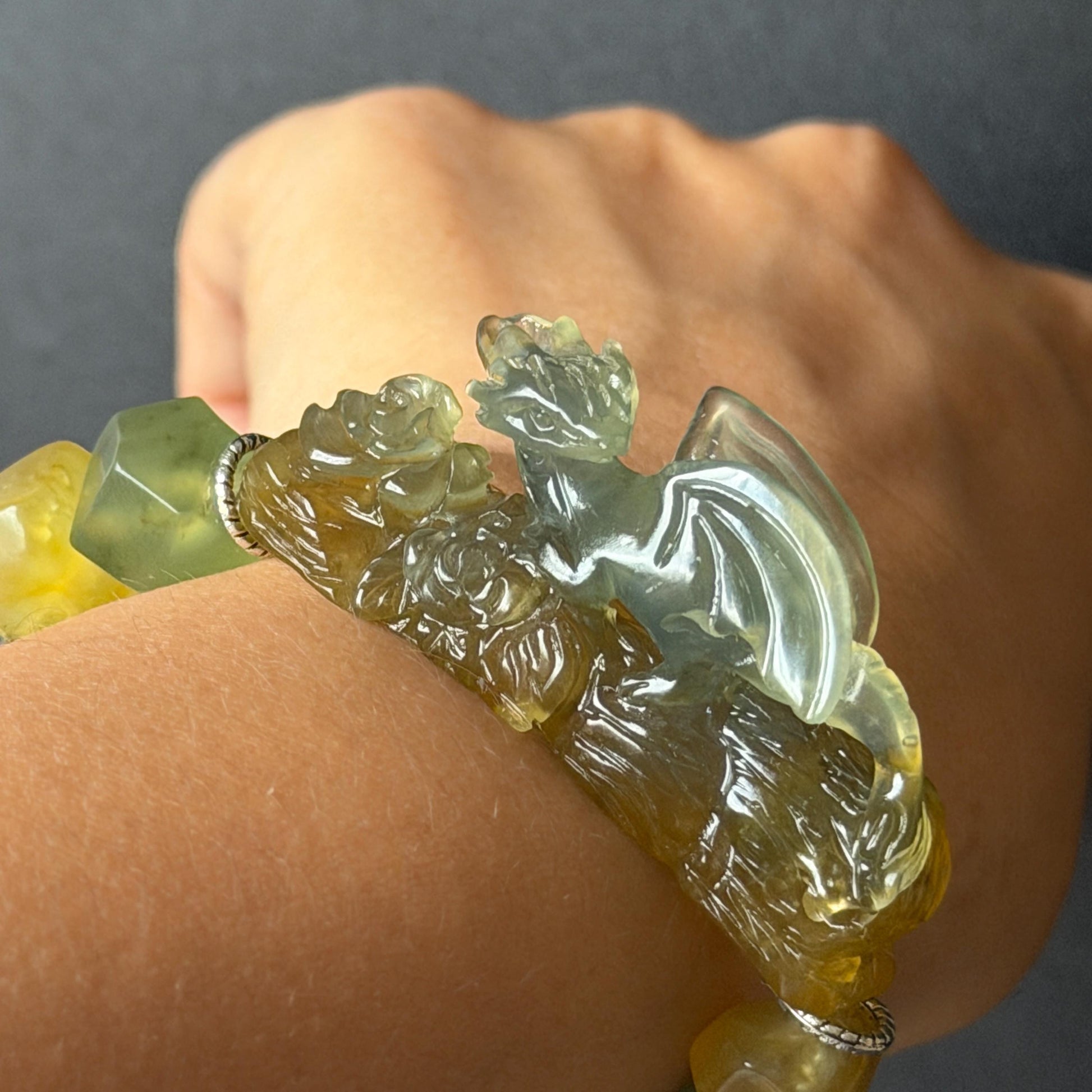 Xiu Jade Dragon Hand Carved Charm Irregular Bead Stretched Elastic Bracelet: Natural Ice Green Yellow Serpentine Jade & Vintage Tibetan Silver Accessory| Personalized Gift for her Natural Multi-coloured Jade customised bracelet hand engraved jade bracelet carved charm carved pendant dragon carving rose bracelet green jade yellow jade silver bracelet tailor made bracelet personalised bracelet diy bracelet untreated jade elastic stretch bracelet dragon lover gift 3D stone carving custom made