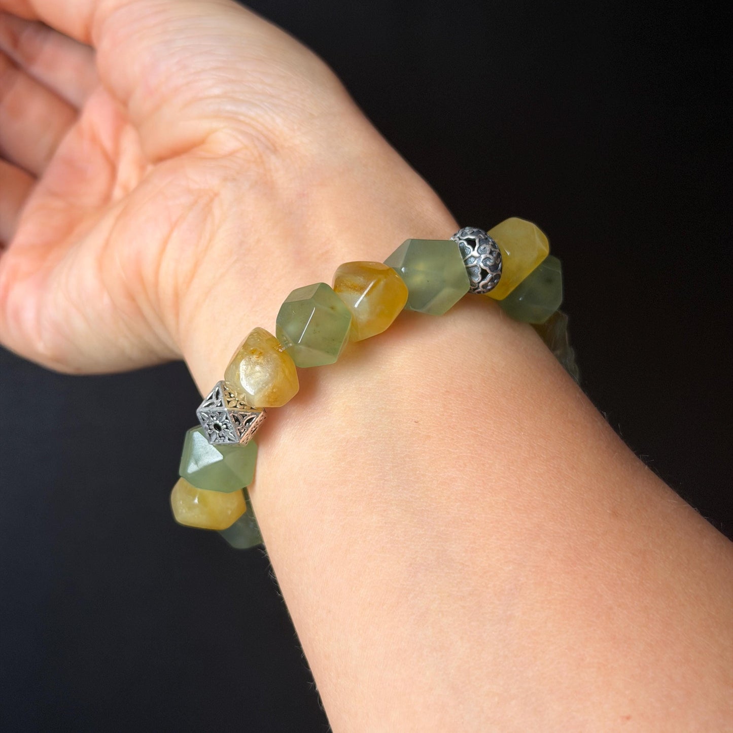Xiu Jade Dragon Hand Carved Charm Irregular Bead Stretched Elastic Bracelet: Natural Ice Green Yellow Serpentine Jade & Vintage Tibetan Silver Accessory| Personalized Gift for her Natural Multi-coloured Jade customised bracelet hand engraved jade bracelet carved charm carved pendant dragon carving rose bracelet green jade yellow jade silver bracelet tailor made bracelet personalised bracelet diy bracelet untreated jade elastic stretch bracelet dragon lover gift 3D stone carving custom made