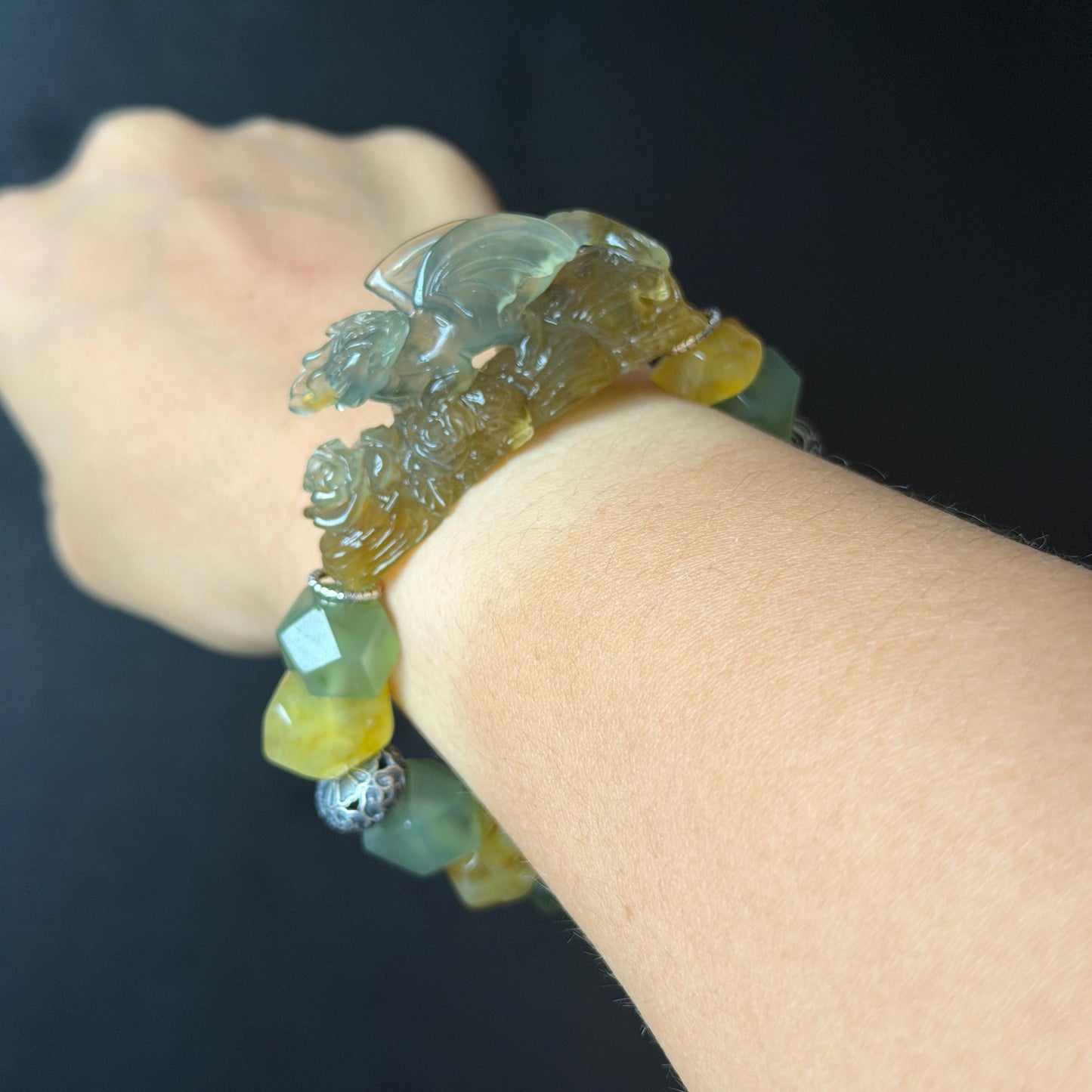 Xiu Jade Dragon Hand Carved Charm Irregular Bead Stretched Elastic Bracelet: Natural Ice Green Yellow Serpentine Jade & Vintage Tibetan Silver Accessory| Personalized Gift for her Natural Multi-coloured Jade customised bracelet hand engraved jade bracelet carved charm carved pendant dragon carving rose bracelet green jade yellow jade silver bracelet tailor made bracelet personalised bracelet diy bracelet untreated jade elastic stretch bracelet dragon lover gift 3D stone carving custom made