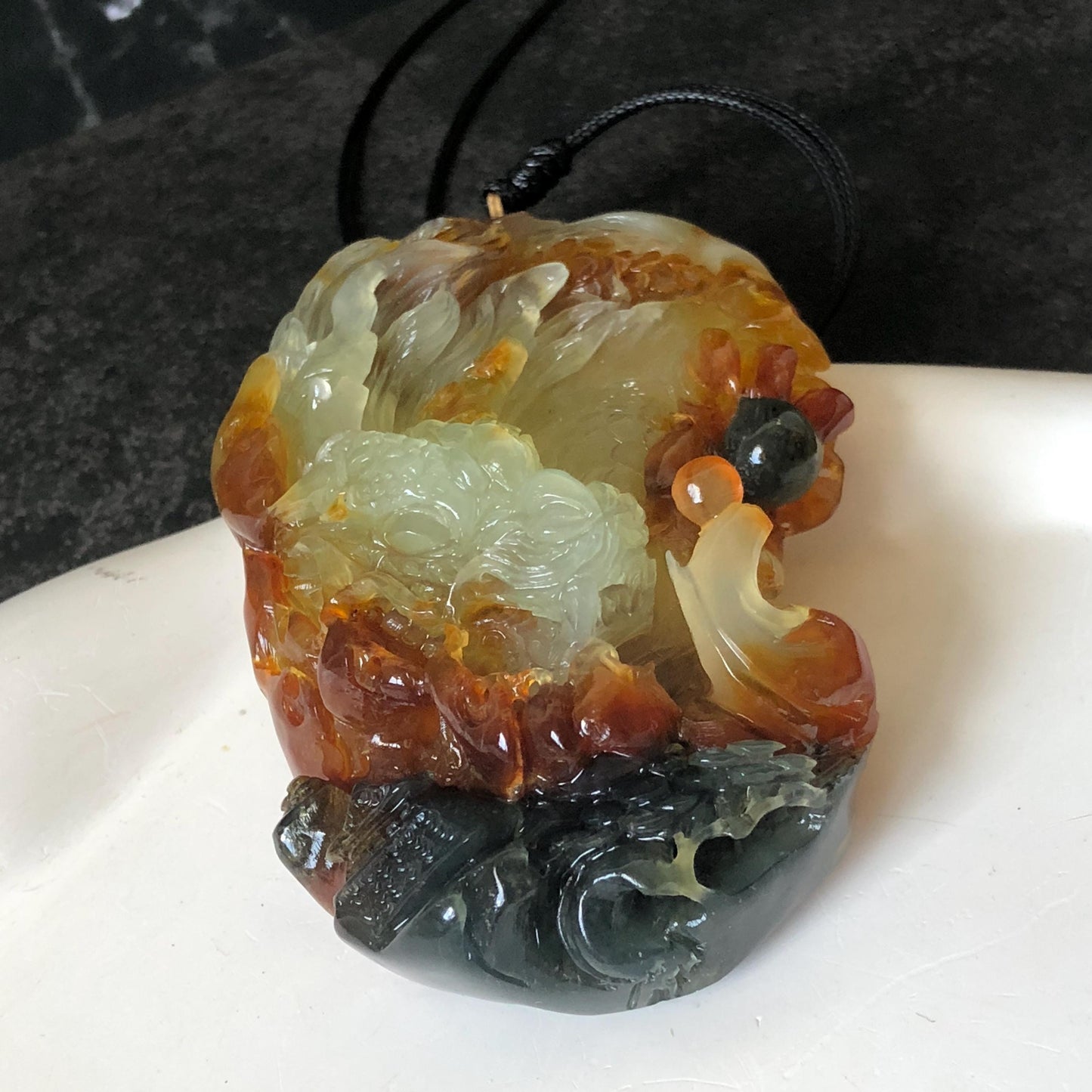Xiu Jade Dragon Protects Master Hand Carved Pendant Adjustable Necklace: Natural Serpentine Multicolour Honey Brown, White & Green Jade Hand Engraved Charm | Power & Protection | Stone Crystal Gemstone Jewellery gift for her gift for him hand engraved jade handcrafted jade charm white jade brown jade green jade multicolor jade relief carving 3D stone carving dragon carving antique pendant asian vintage charm lucky charm big pendant certificate untreat real jade dragon lover gift protection cahrm