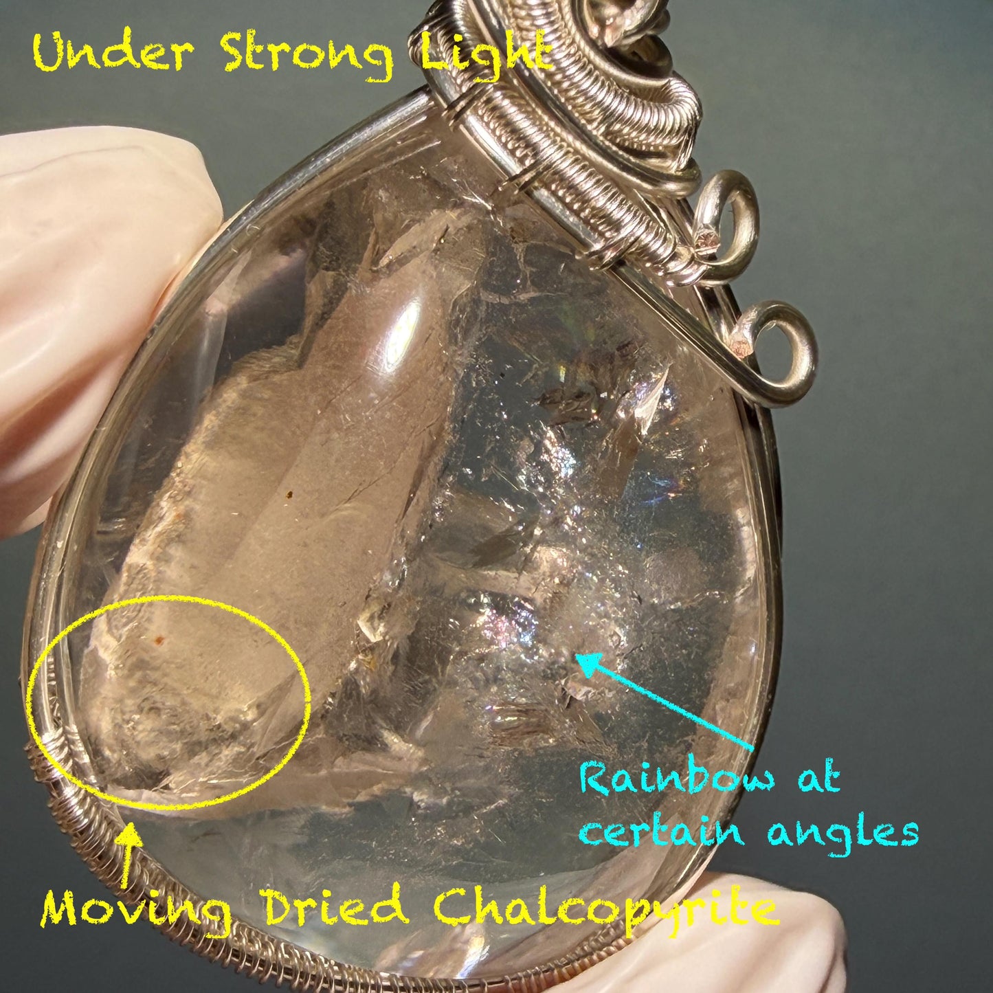 Ultra Rare! Moving Dried Chalcopyrite Enhydro Quartz:  Natural Polished Inclusion Crystal Cabochon Pendant Adjustable Necklace | Natural Gemstone Birthstone Gift for her  enhydro crystal water bubble inclusion quartz chalcopyrite cubes mineral specimen silver pendant flowing sand inclusion rainbow quartz big enhydro charm choker palm stone for meditation healing stone necklace chakra abundance stone chakra crystal healing stone birthday gift sterling sliver pendant quick sand inclusion