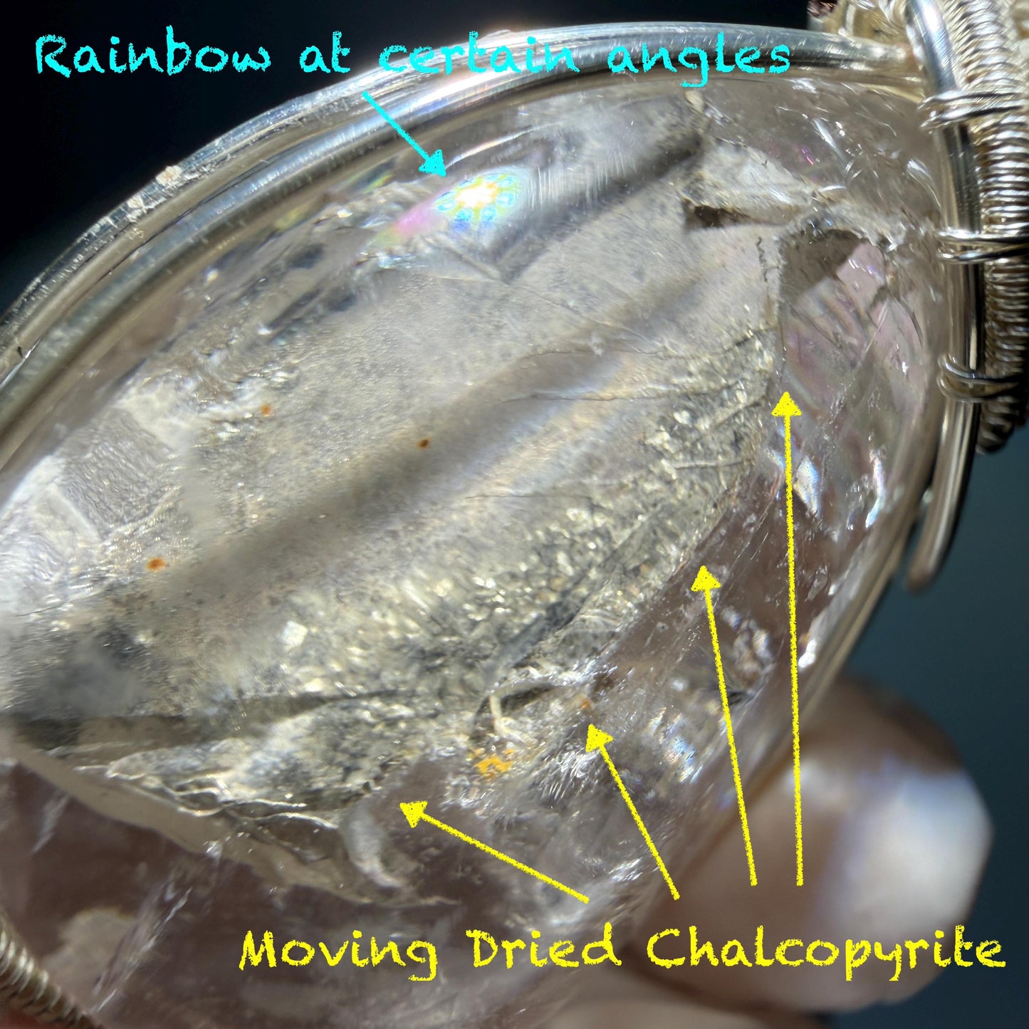 Ultra Rare! Moving Dried Chalcopyrite Enhydro Quartz:  Natural Polished Inclusion Crystal Cabochon Pendant Adjustable Necklace | Natural Gemstone Birthstone Gift for her  enhydro crystal water bubble inclusion quartz chalcopyrite cubes mineral specimen silver pendant flowing sand inclusion rainbow quartz big enhydro charm choker palm stone for meditation healing stone necklace chakra abundance stone chakra crystal healing stone birthday gift sterling sliver pendant quick sand inclusion