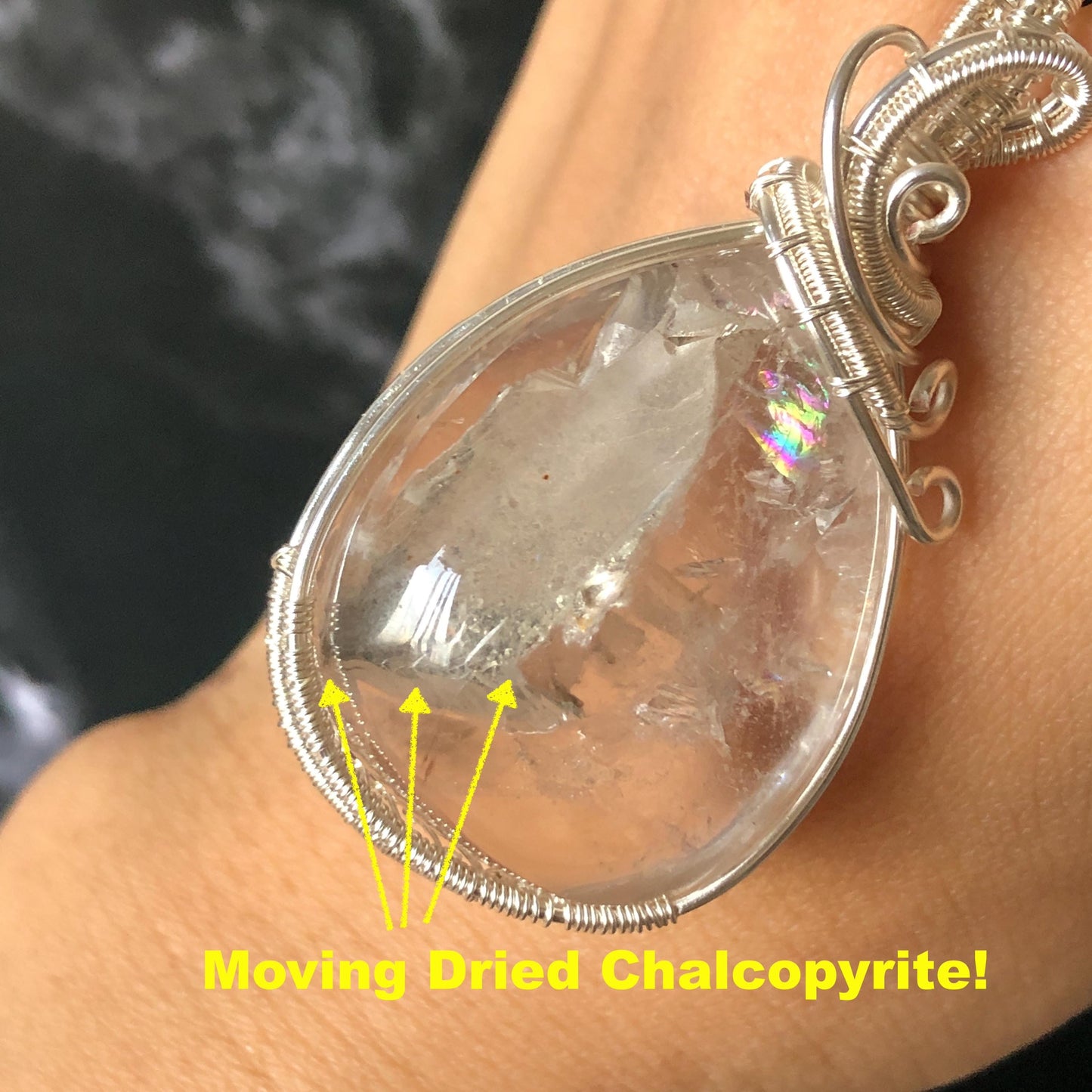 Ultra Rare! Moving Dried Chalcopyrite Enhydro Quartz:  Natural Polished Inclusion Crystal Cabochon Pendant Adjustable Necklace | Natural Gemstone Birthstone Gift for her  enhydro crystal water bubble inclusion quartz chalcopyrite cubes mineral specimen silver pendant flowing sand inclusion rainbow quartz big enhydro charm choker palm stone for meditation healing stone necklace chakra abundance stone chakra crystal healing stone birthday gift sterling sliver pendant quick sand inclusion
